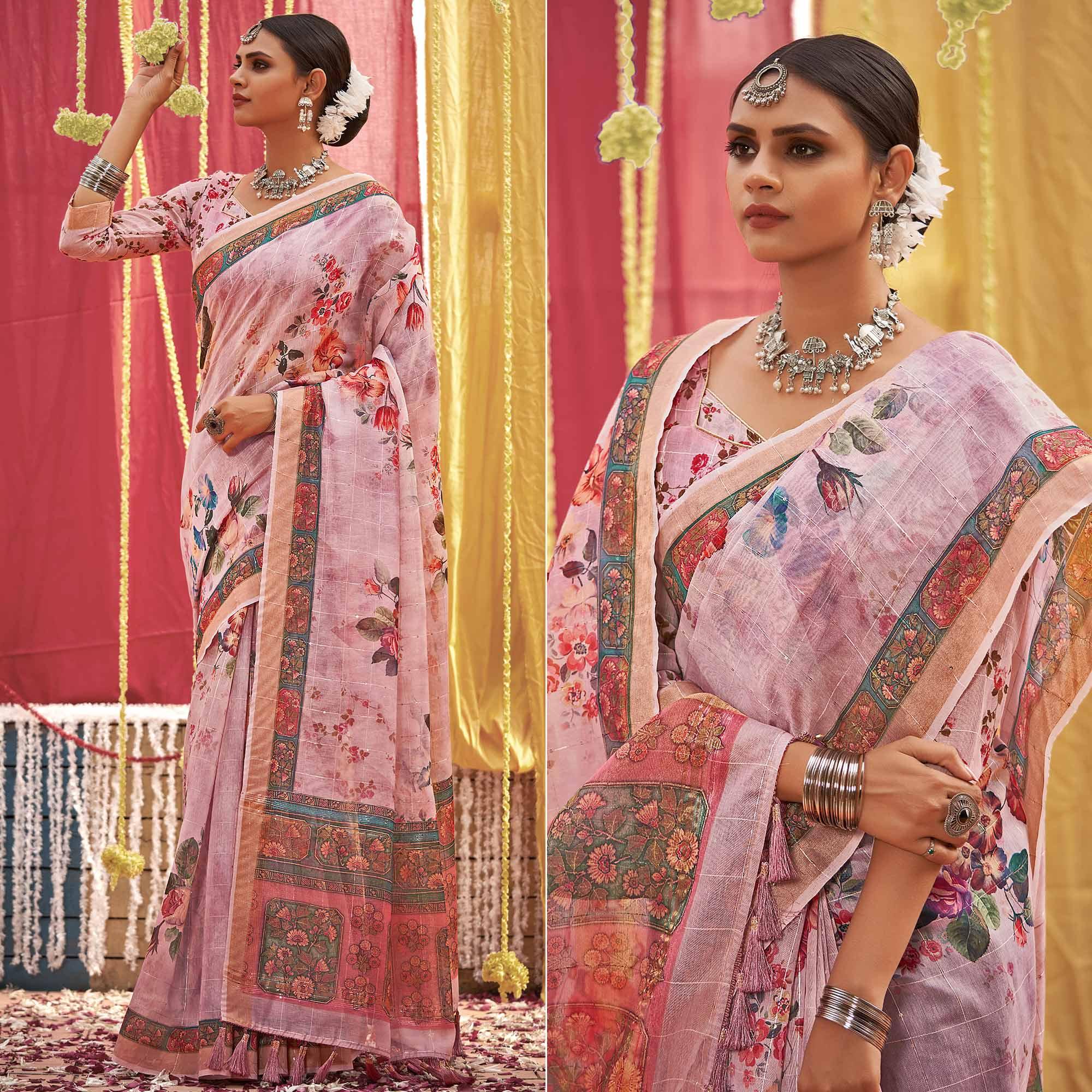 Mauve Floral Digital Printed Linen Saree With Tassels - Peachmode