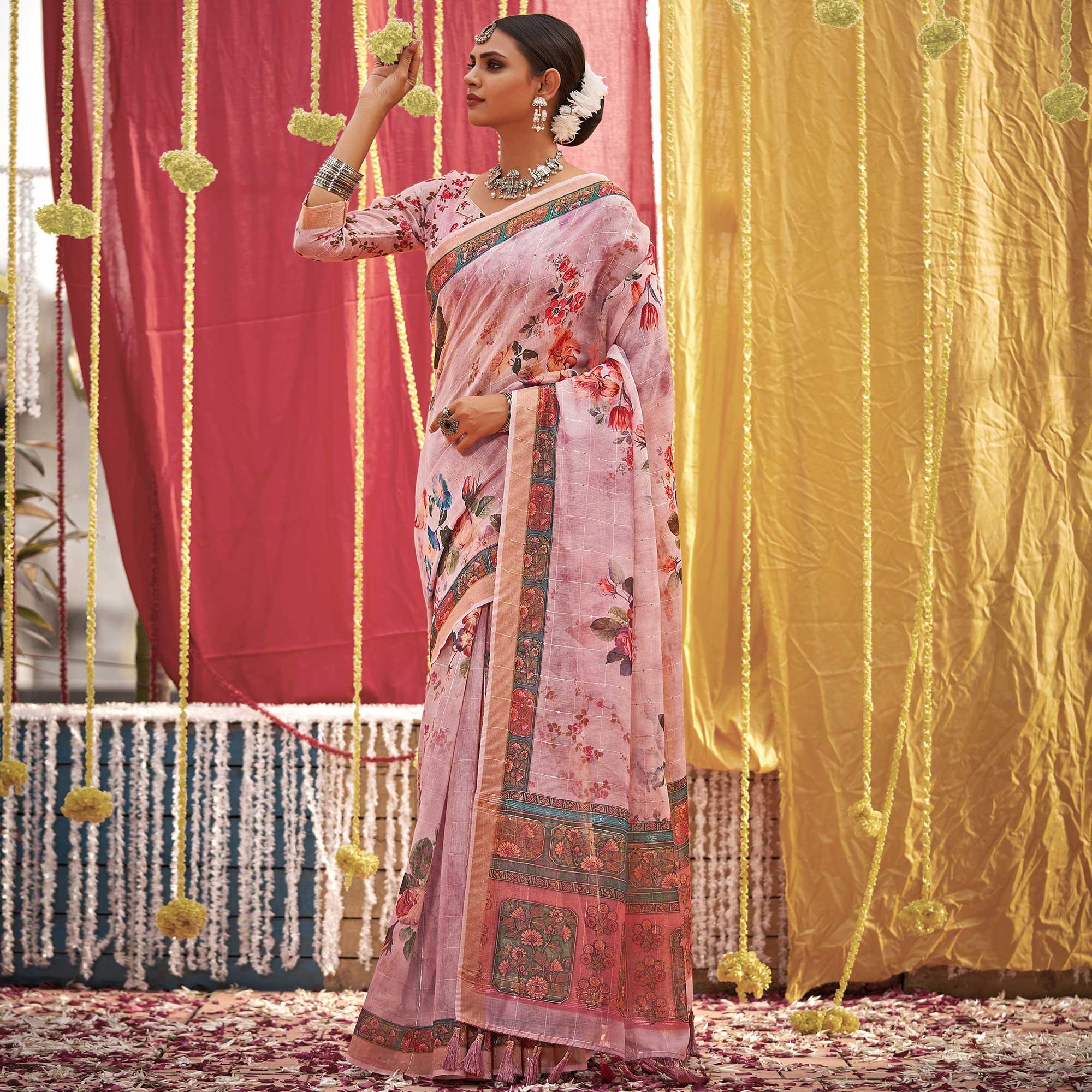 Mauve Floral Digital Printed Linen Saree With Tassels - Peachmode