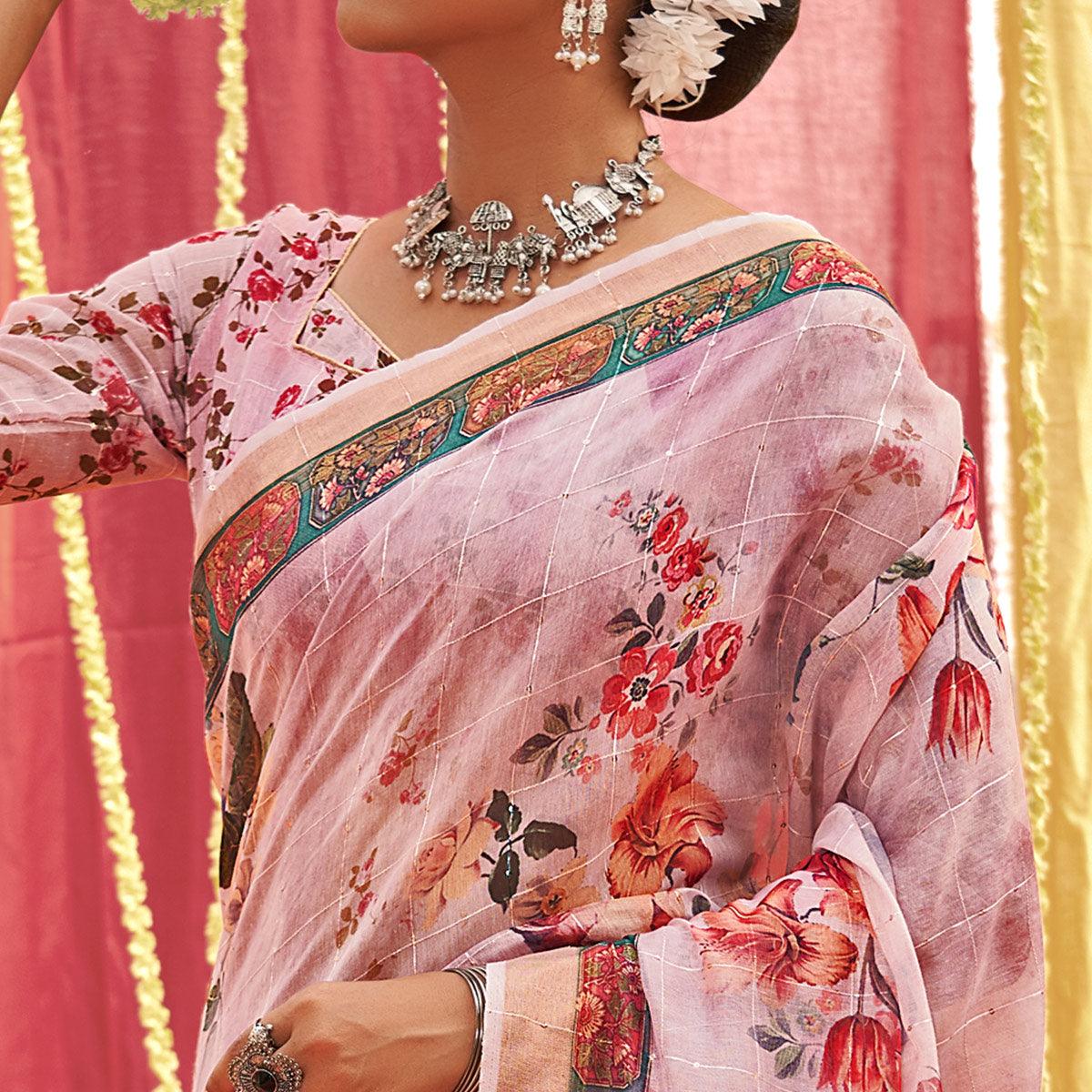 Mauve Floral Digital Printed Linen Saree With Tassels - Peachmode