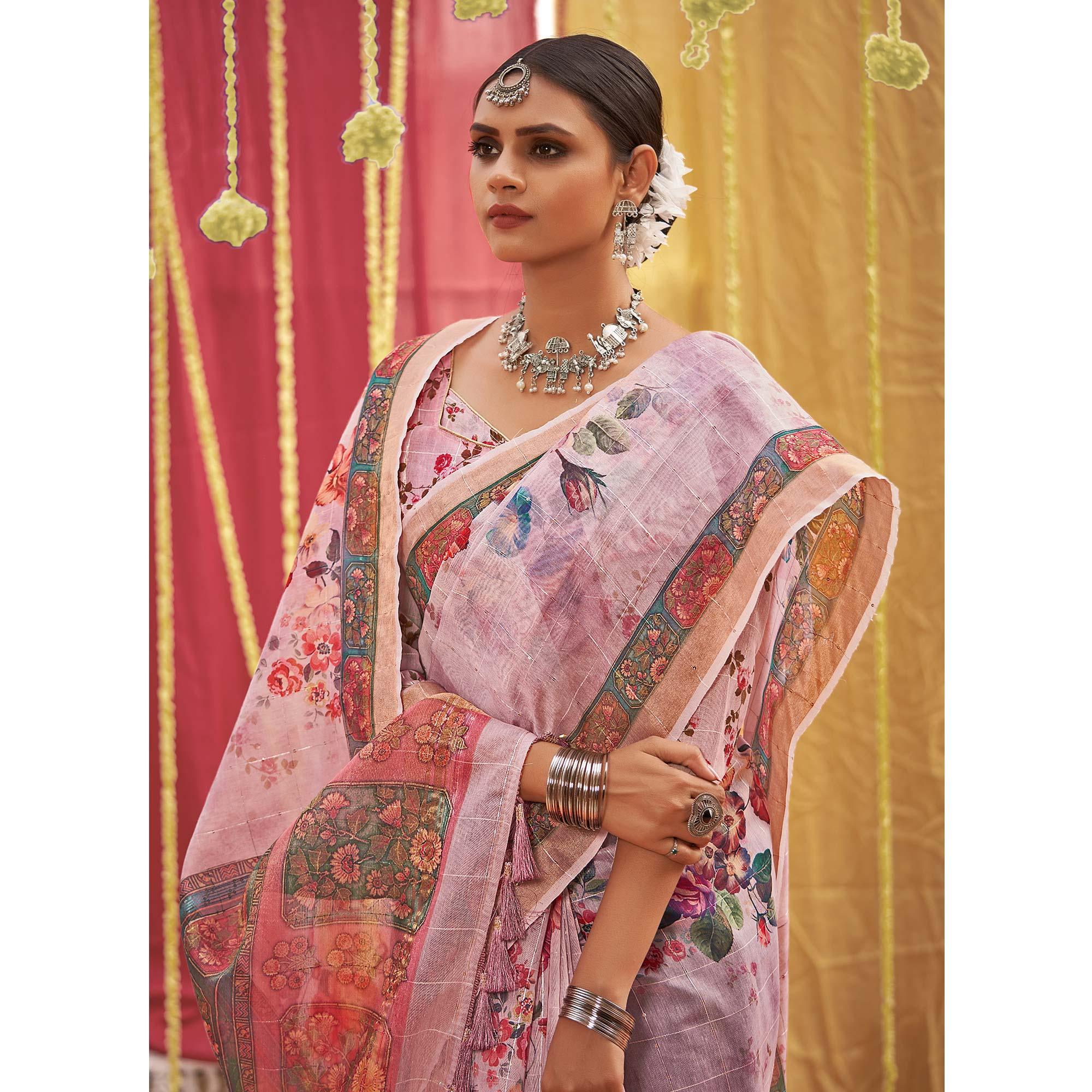 Mauve Floral Digital Printed Linen Saree With Tassels - Peachmode