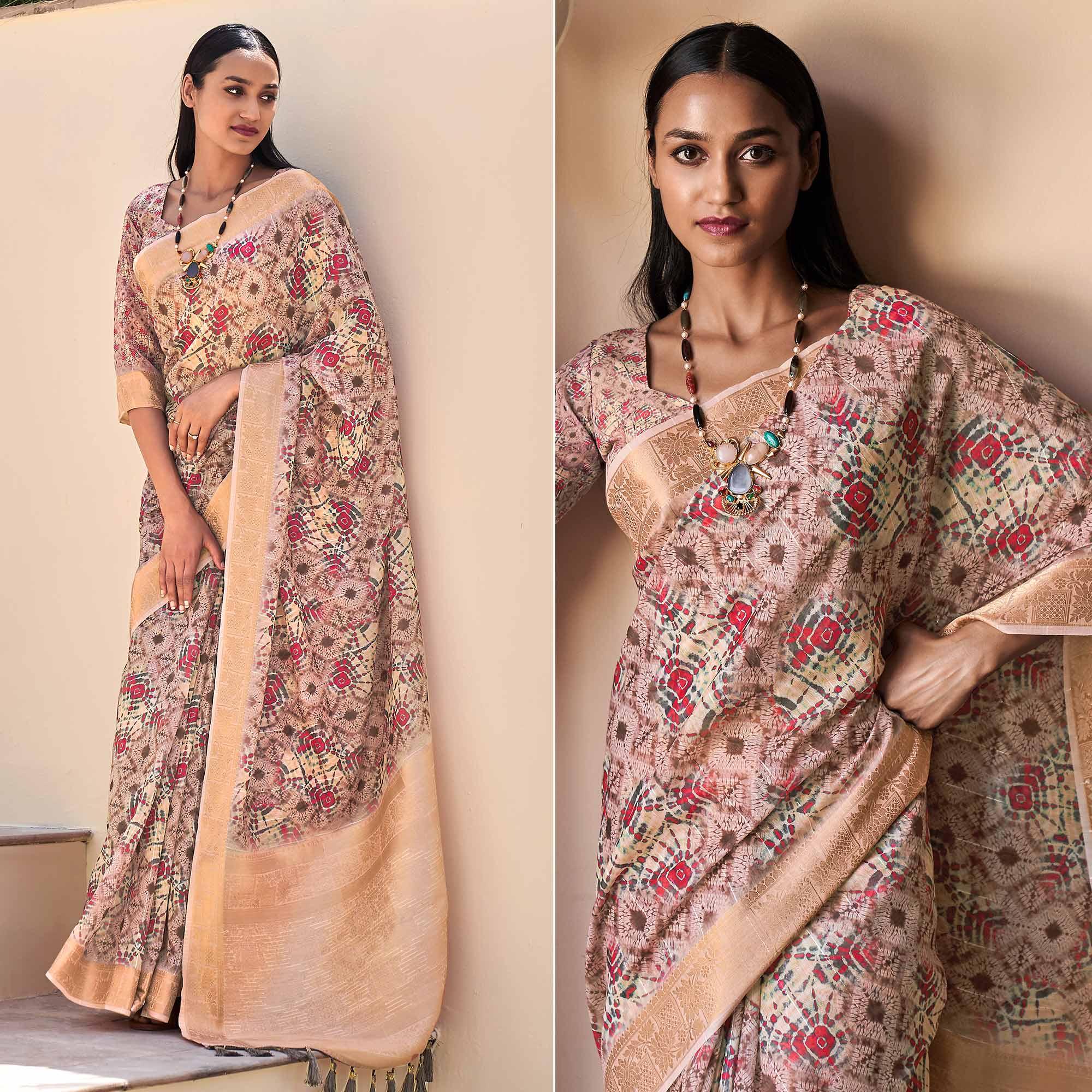 Mauve Floral Digital Printed With Sequence Linen Saree - Peachmode