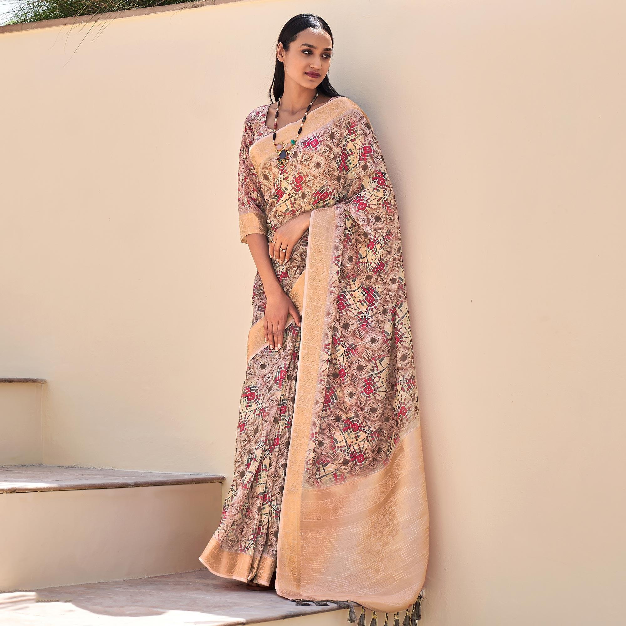 Mauve Floral Digital Printed With Sequence Linen Saree - Peachmode