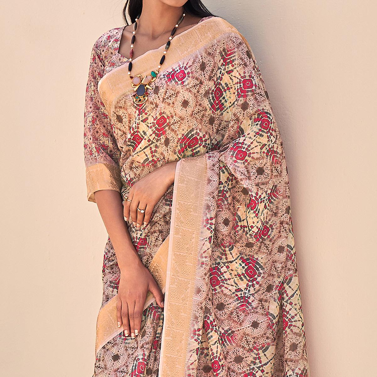 Mauve Floral Digital Printed With Sequence Linen Saree - Peachmode