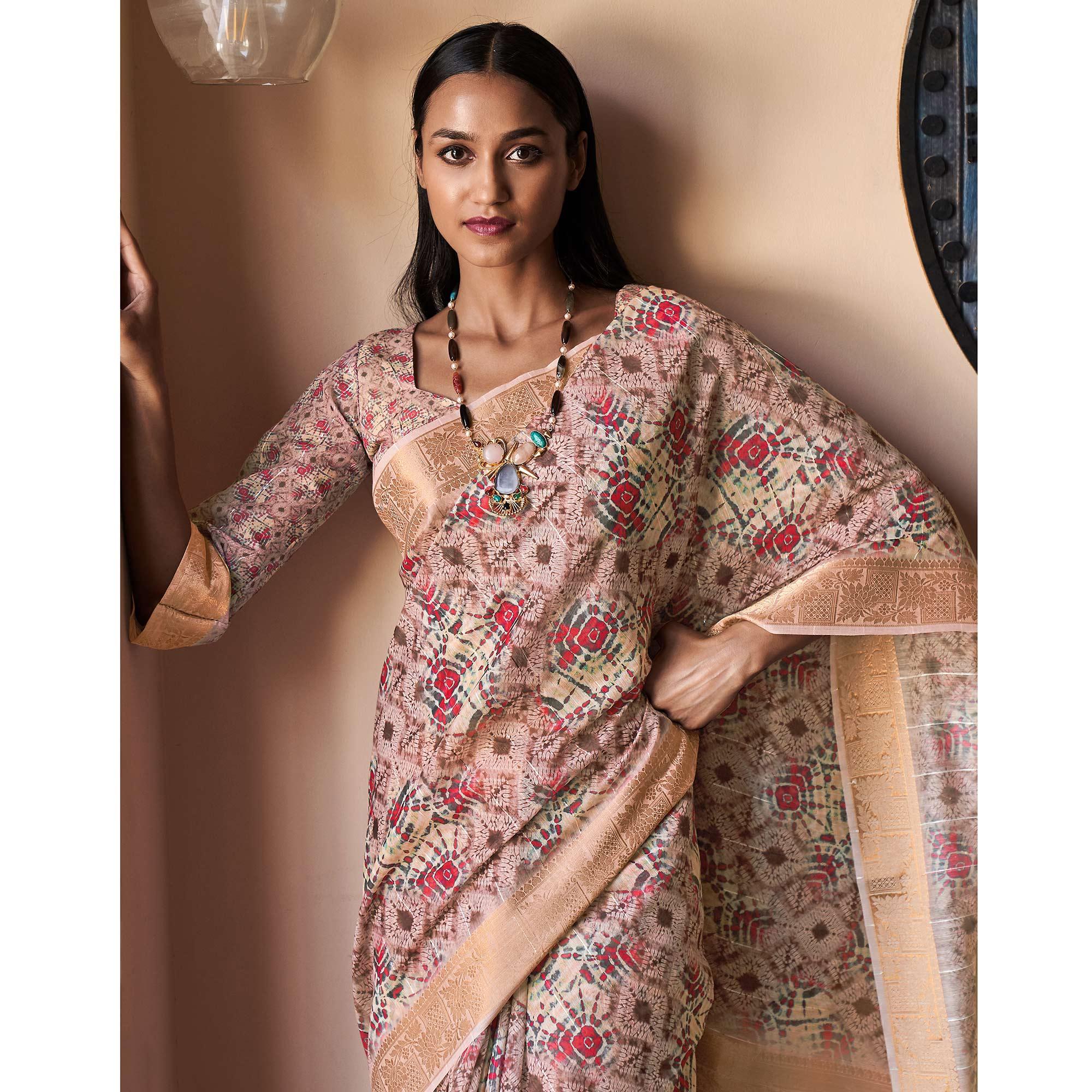 Mauve Floral Digital Printed With Sequence Linen Saree - Peachmode