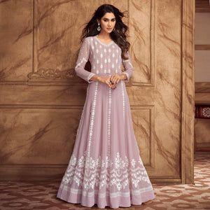 Mauve Floral Embroidered Georgette Gown - Peachmode