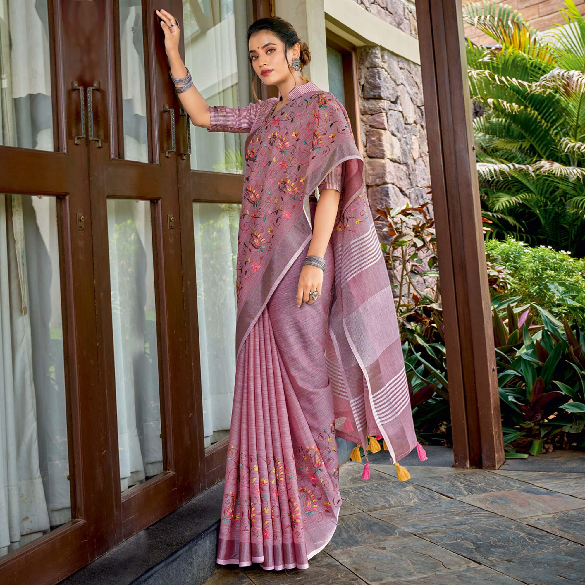 Mauve Floral Embroidered Linen Saree With Tassels - Peachmode