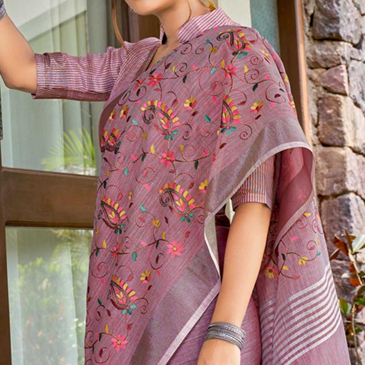 Mauve Floral Embroidered Linen Saree With Tassels - Peachmode