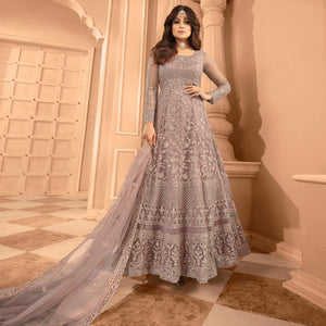 Mauve Floral Embroidered Net Anarkali Suit - Peachmode