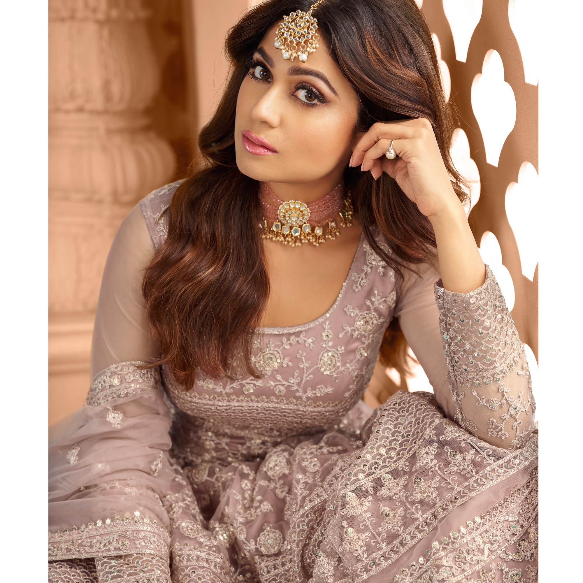 Mauve Floral Embroidered Net Anarkali Suit - Peachmode