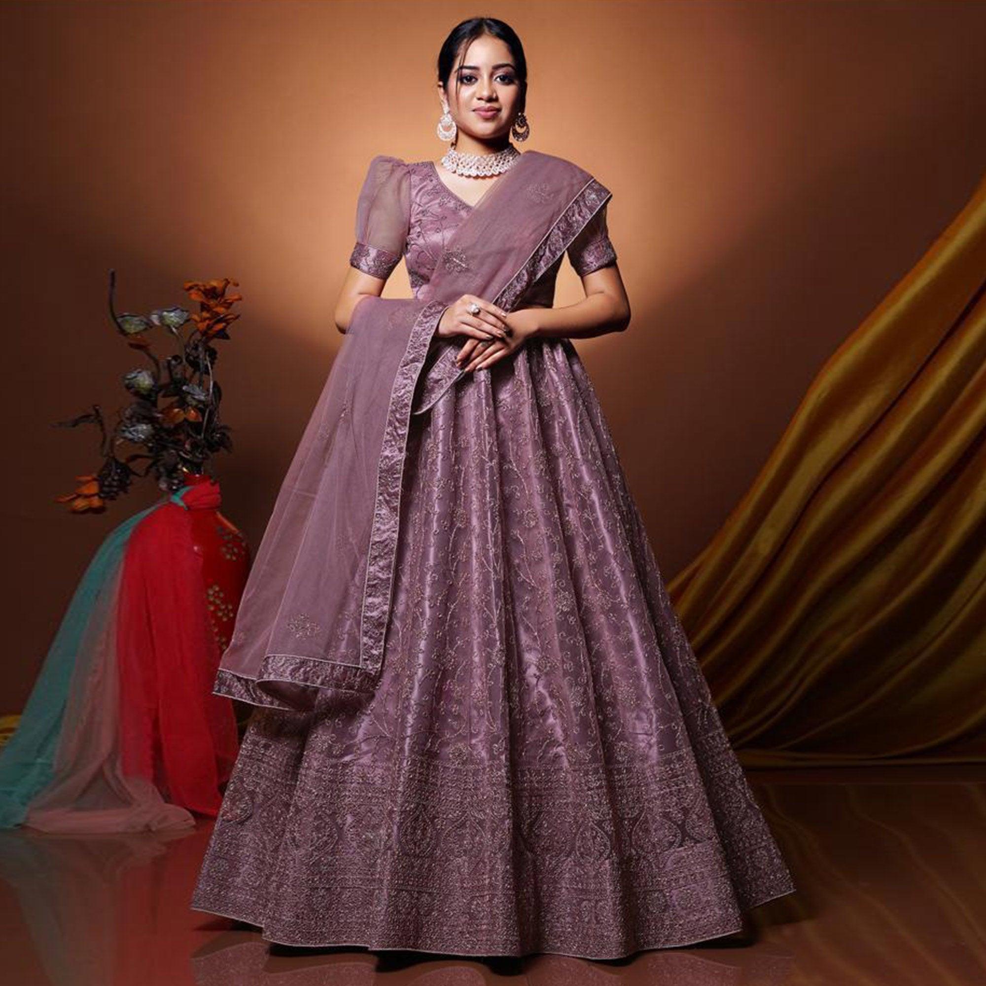 Mauve Floral Embroidered Net Lehenga Choli - Peachmode