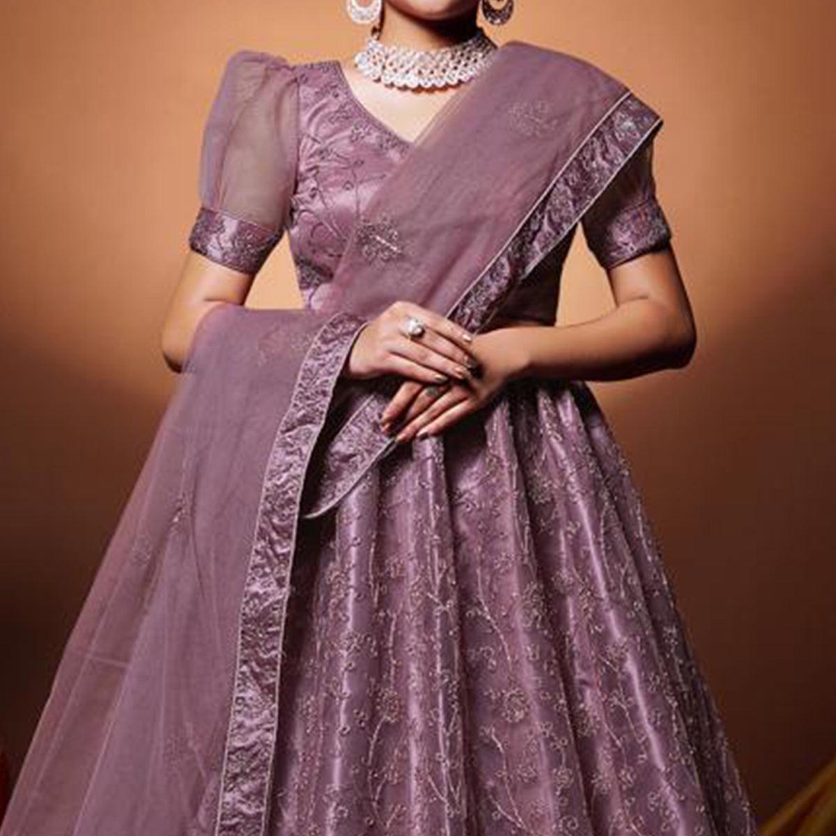 Mauve Floral Embroidered Net Lehenga Choli - Peachmode