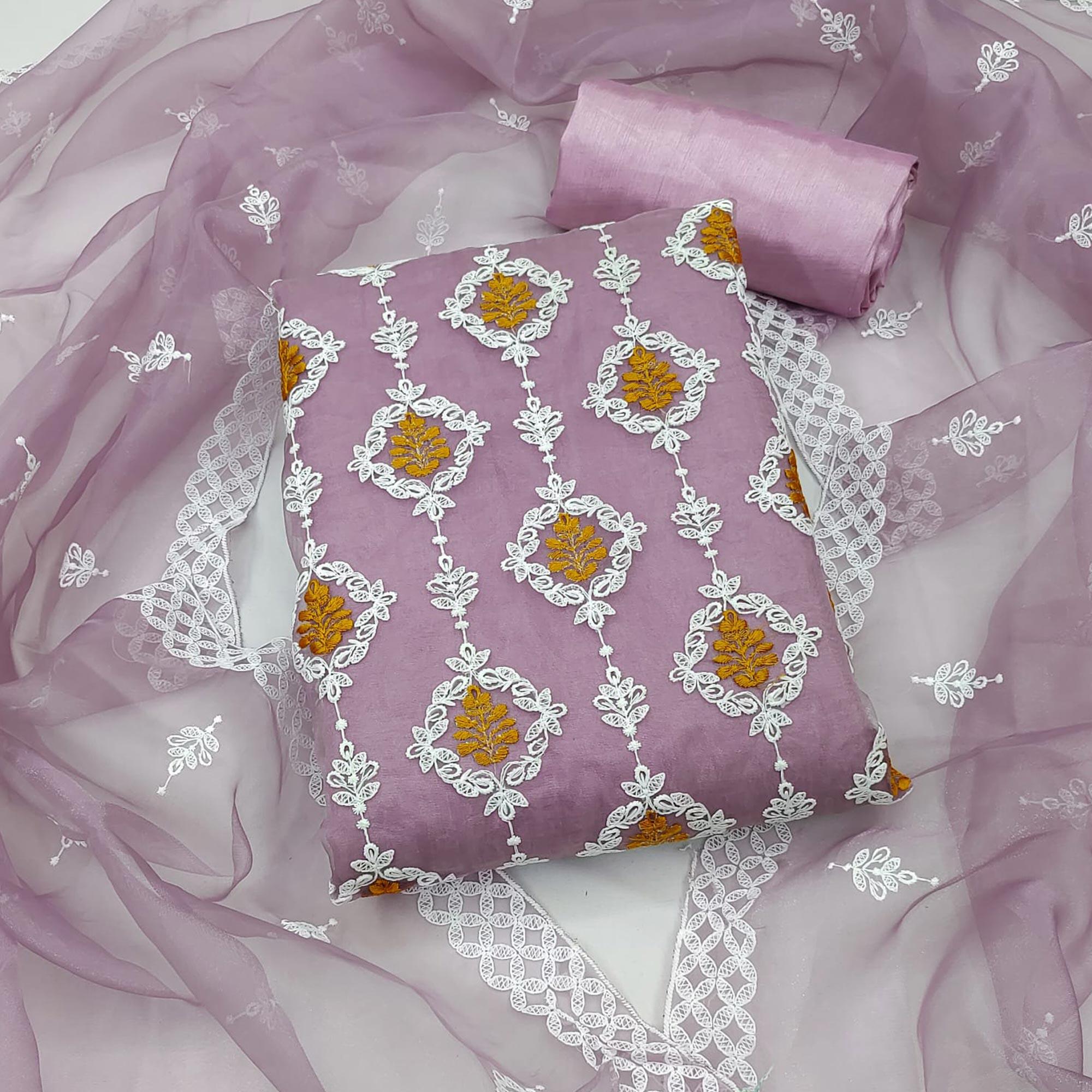 Mauve Floral Embroidered Organza Dress Material - Peachmode