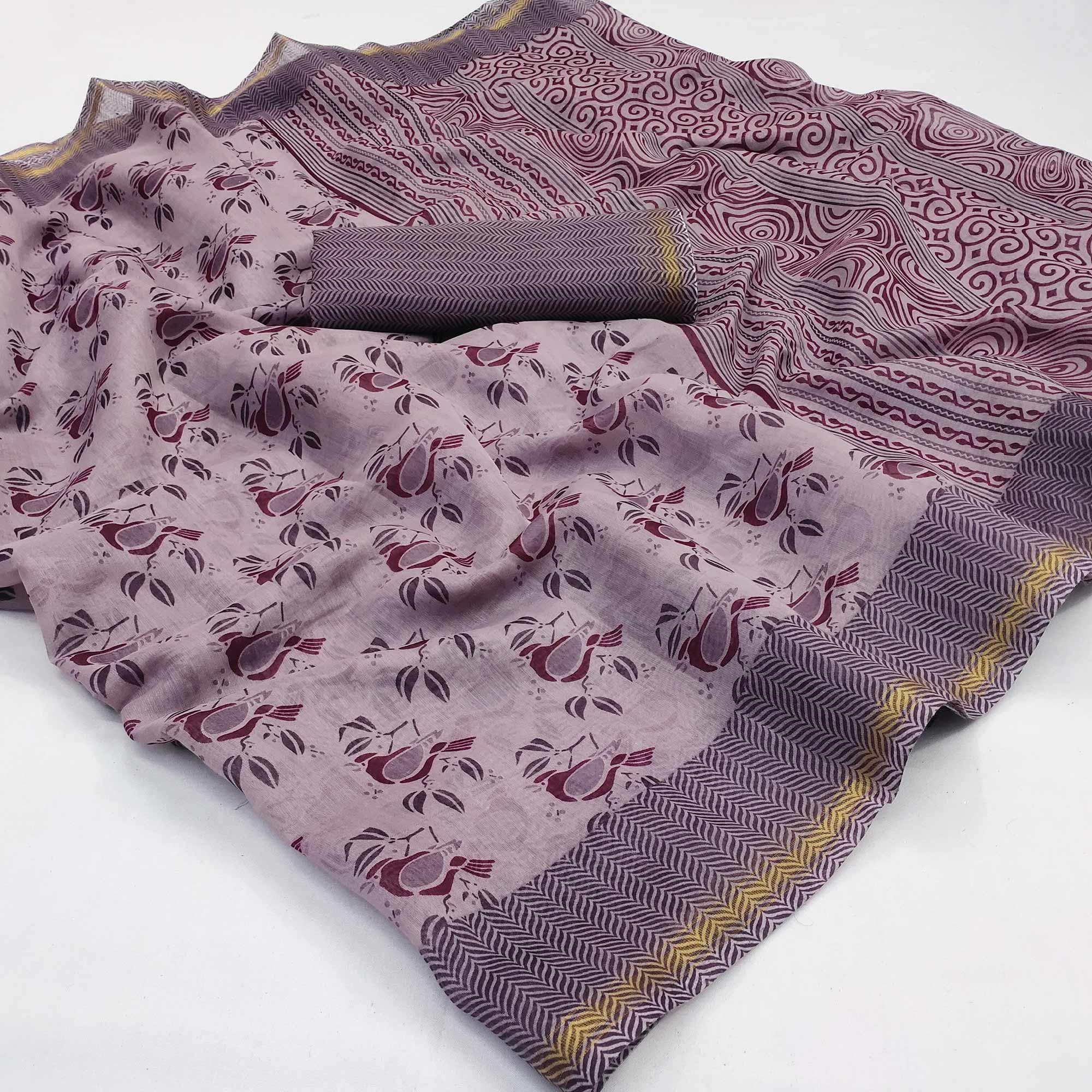 Mauve Floral Printed Cotton Blend Saree - Peachmode