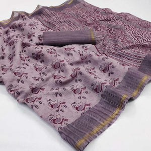 Mauve Floral Printed Cotton Blend Saree - Peachmode