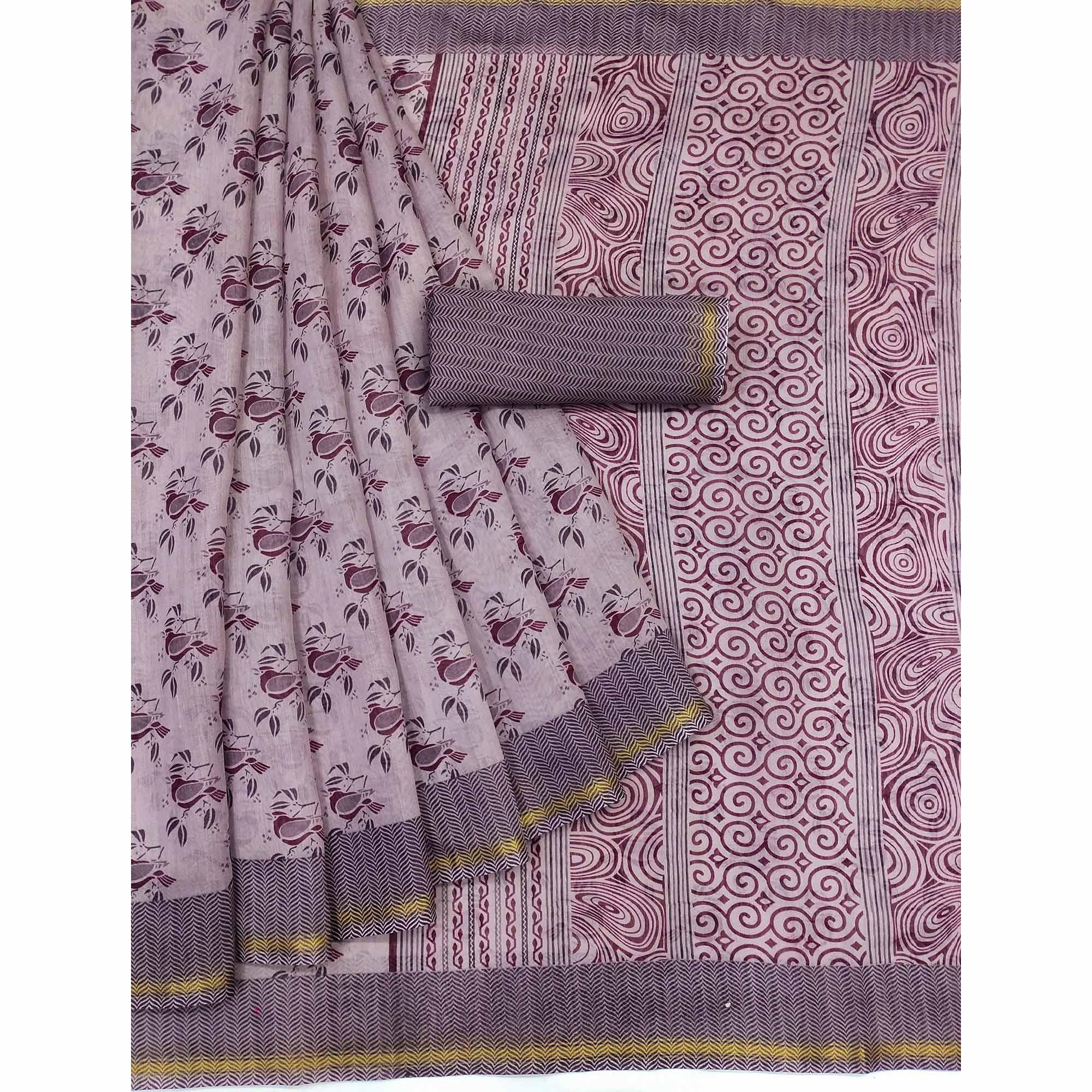 Mauve Floral Printed Cotton Blend Saree - Peachmode