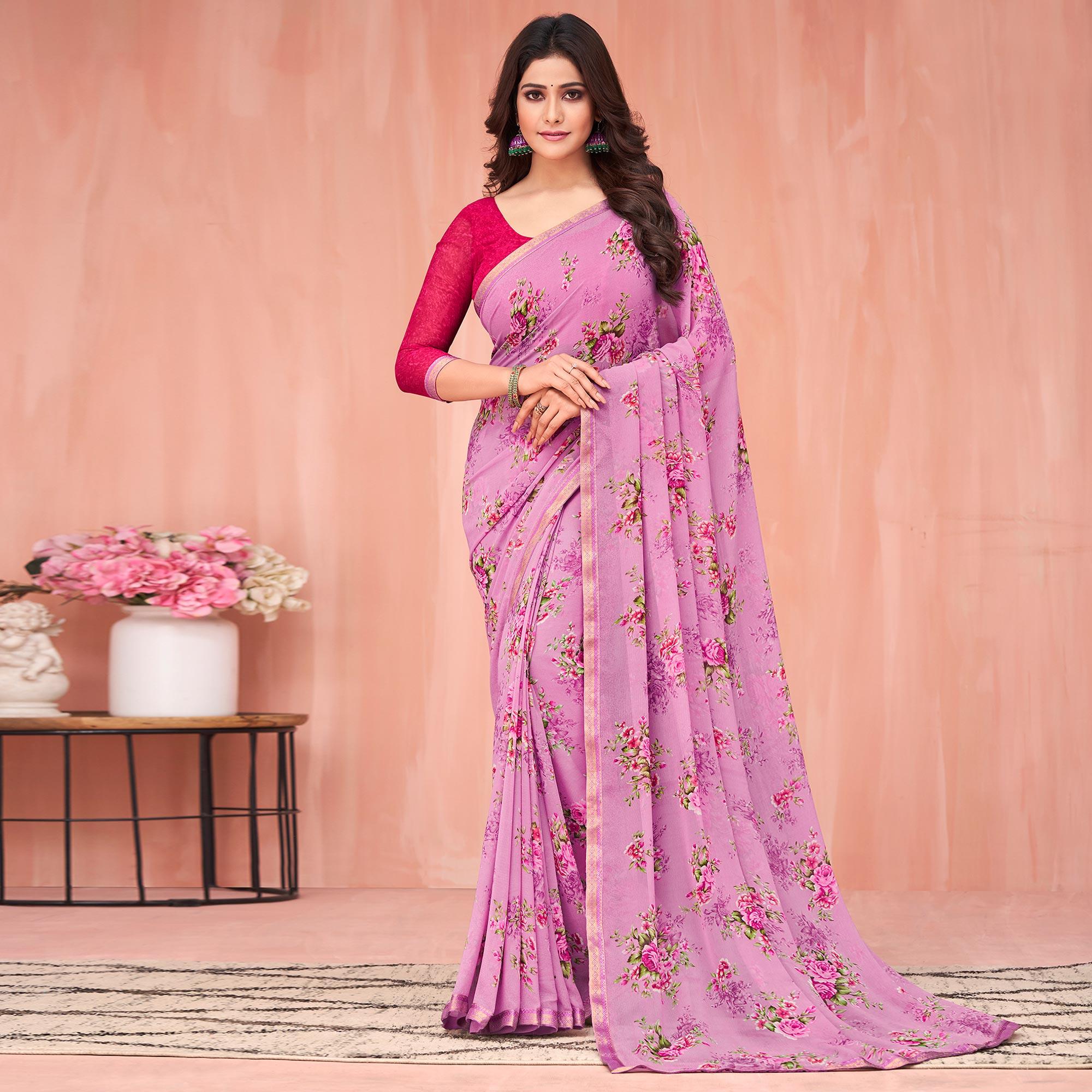 Mauve Floral Printed Georgette Saree - Peachmode