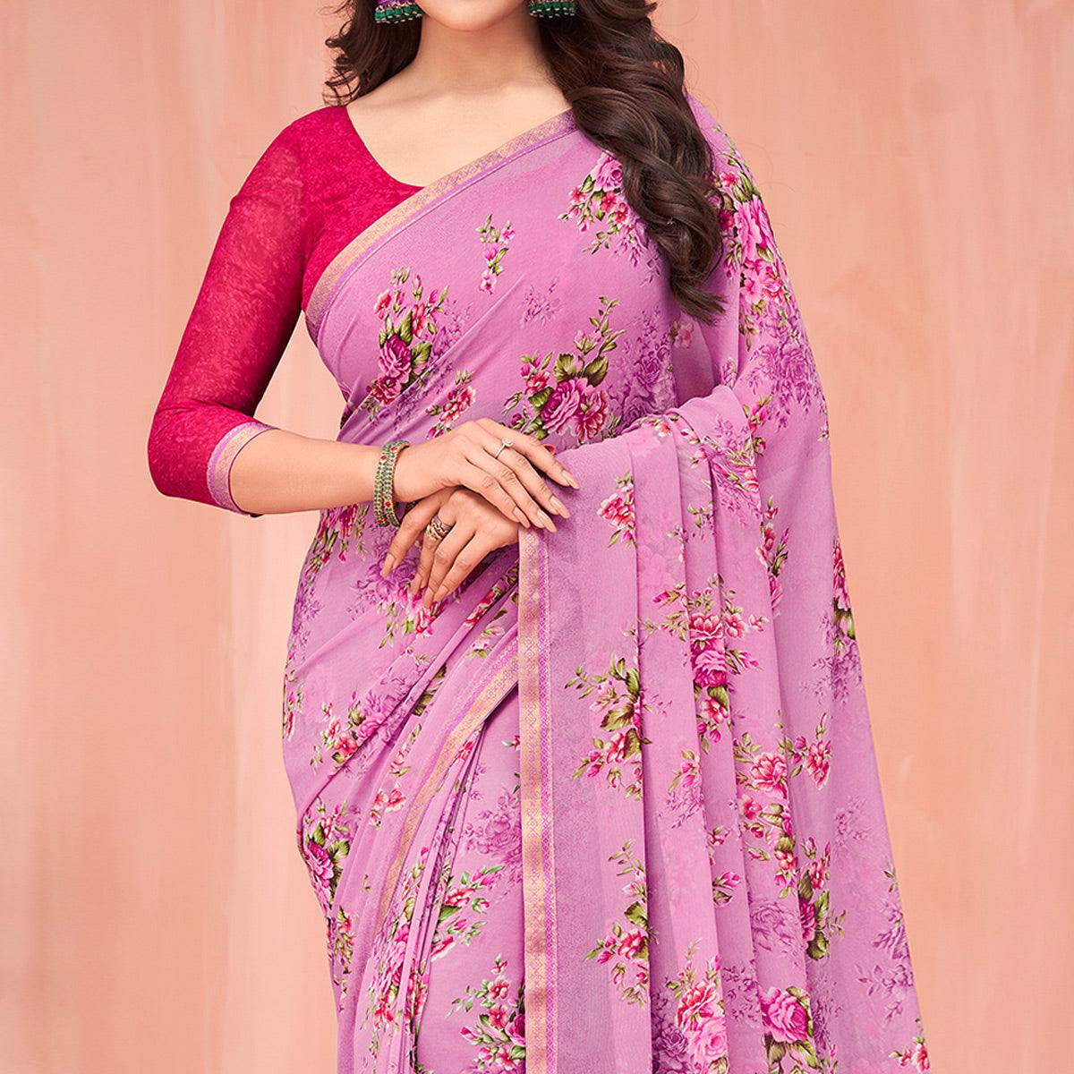 Mauve Floral Printed Georgette Saree - Peachmode