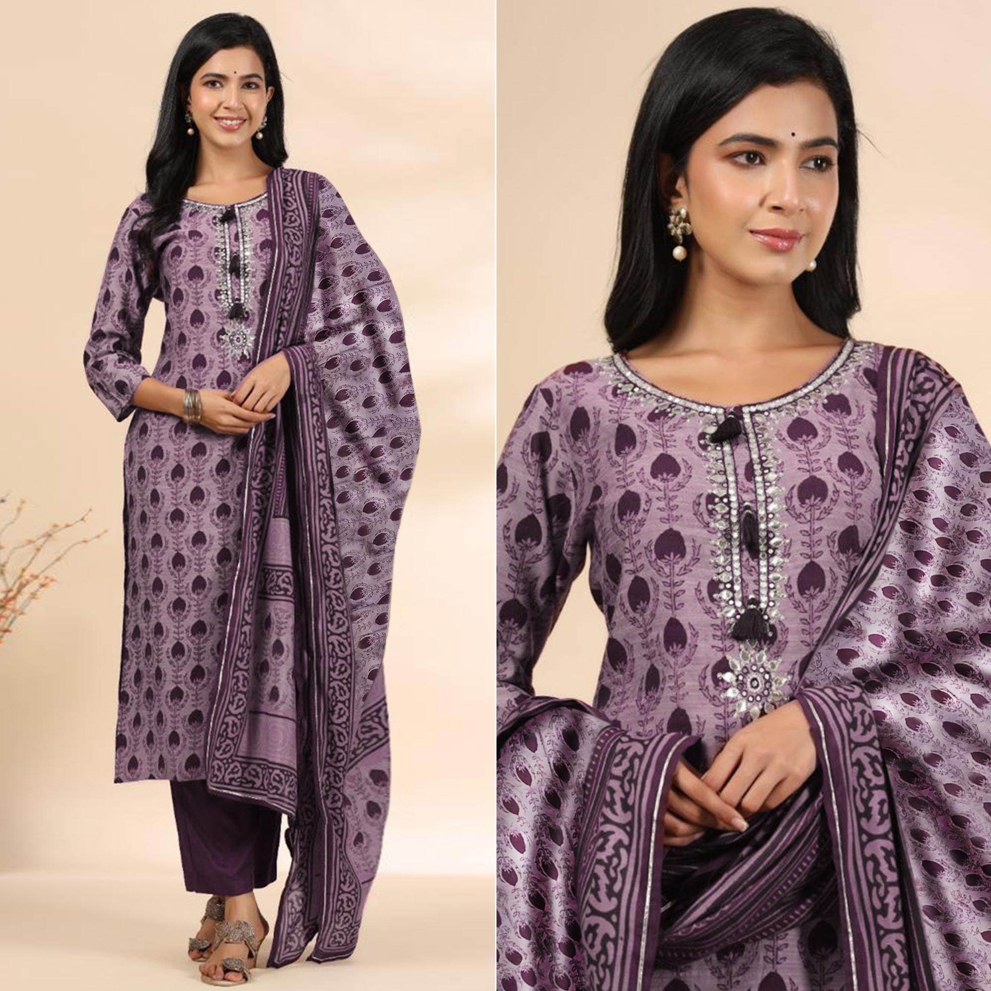 Mauve Floral Printed Muslin Kurti Pant Set With Dupatta - Peachmode