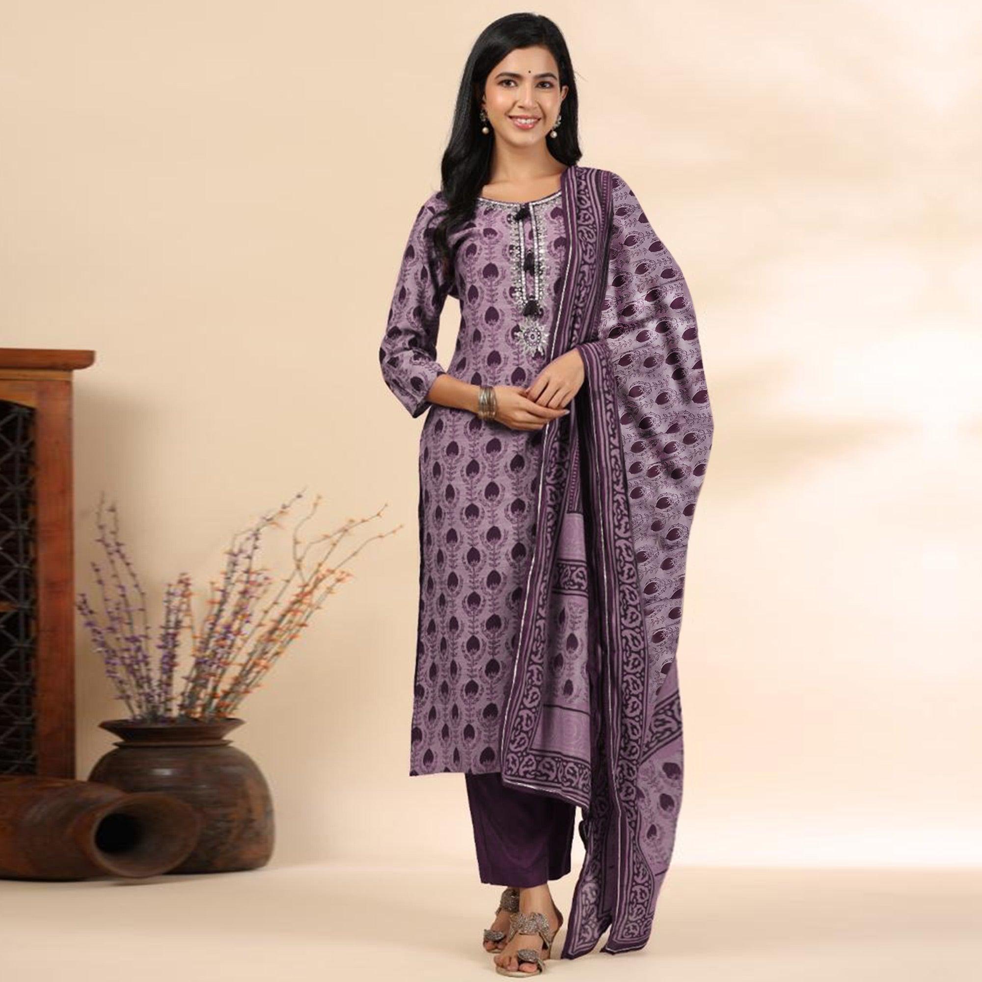 Mauve Floral Printed Muslin Kurti Pant Set With Dupatta - Peachmode