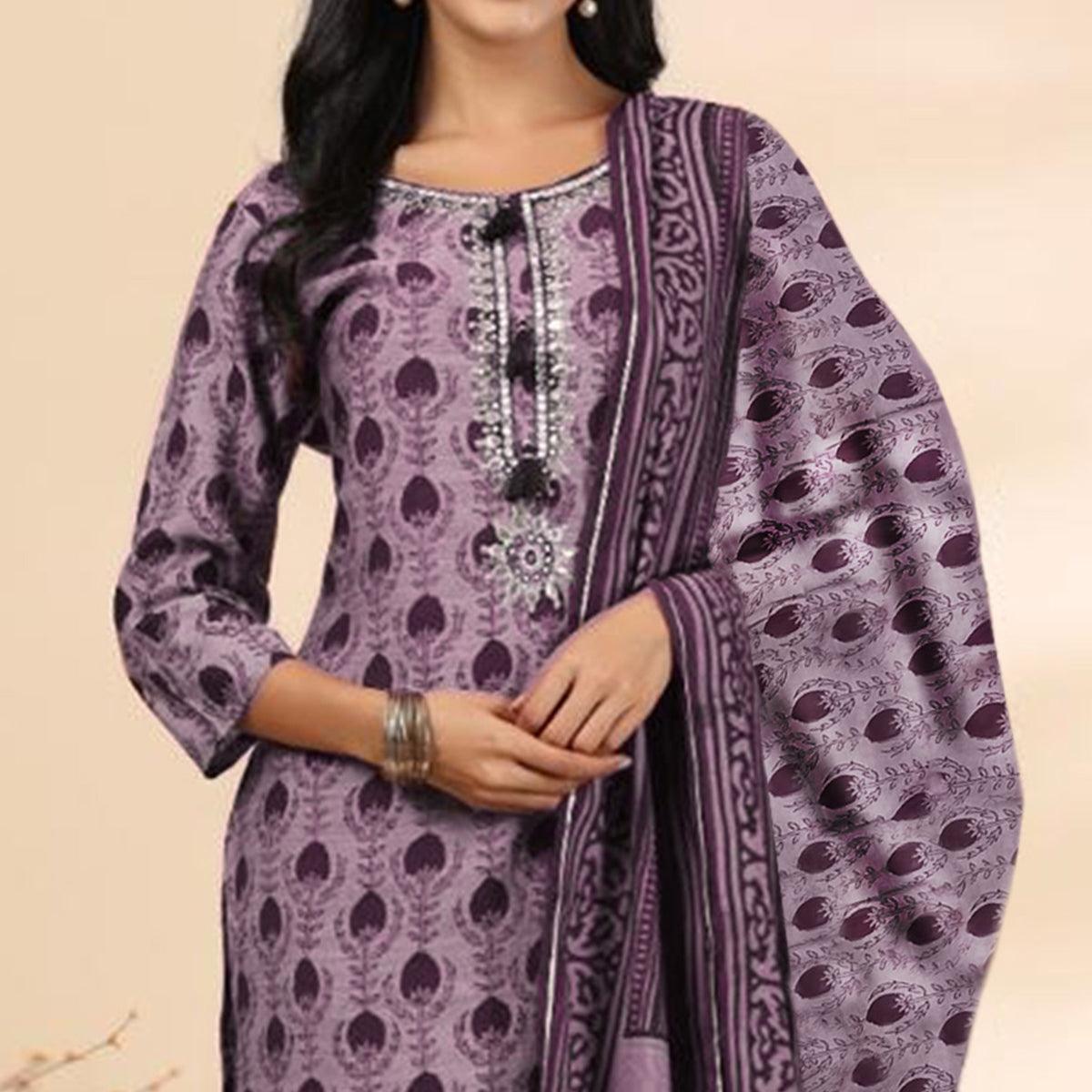 Mauve Floral Printed Muslin Kurti Pant Set With Dupatta - Peachmode