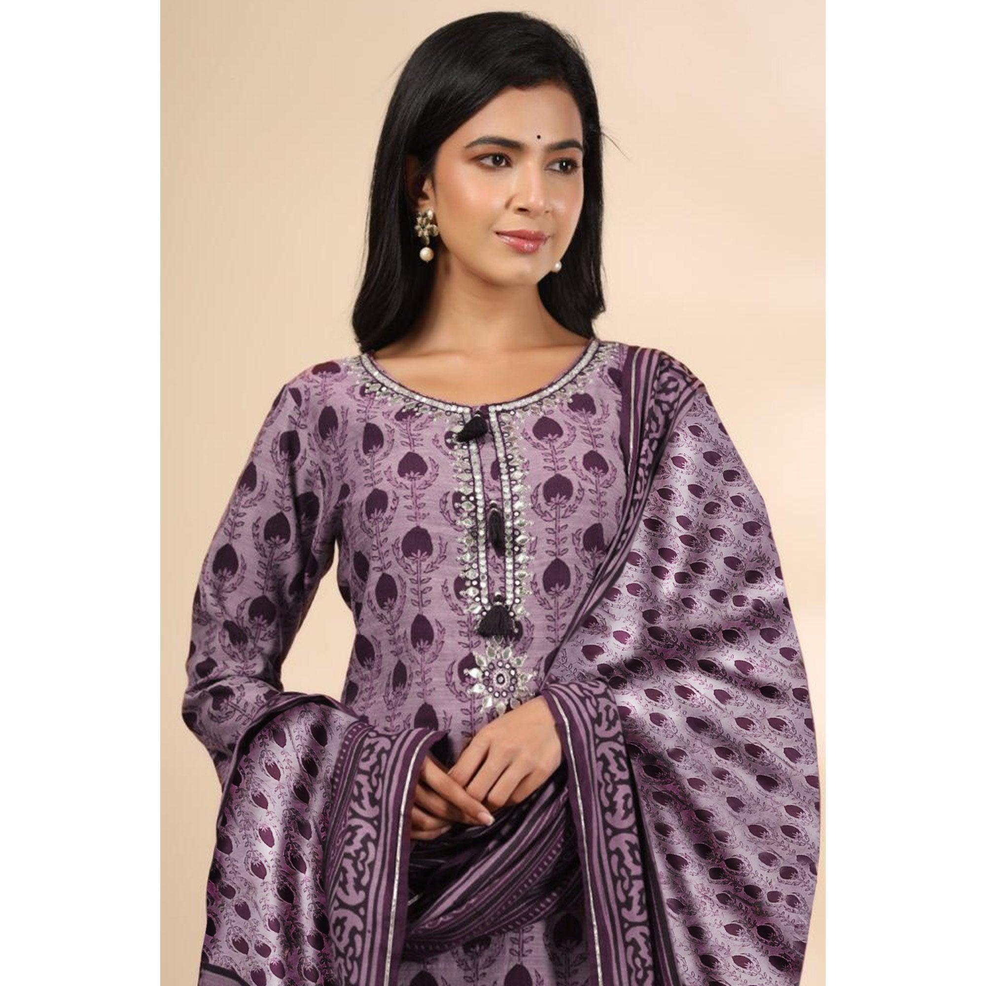 Mauve Floral Printed Muslin Kurti Pant Set With Dupatta - Peachmode