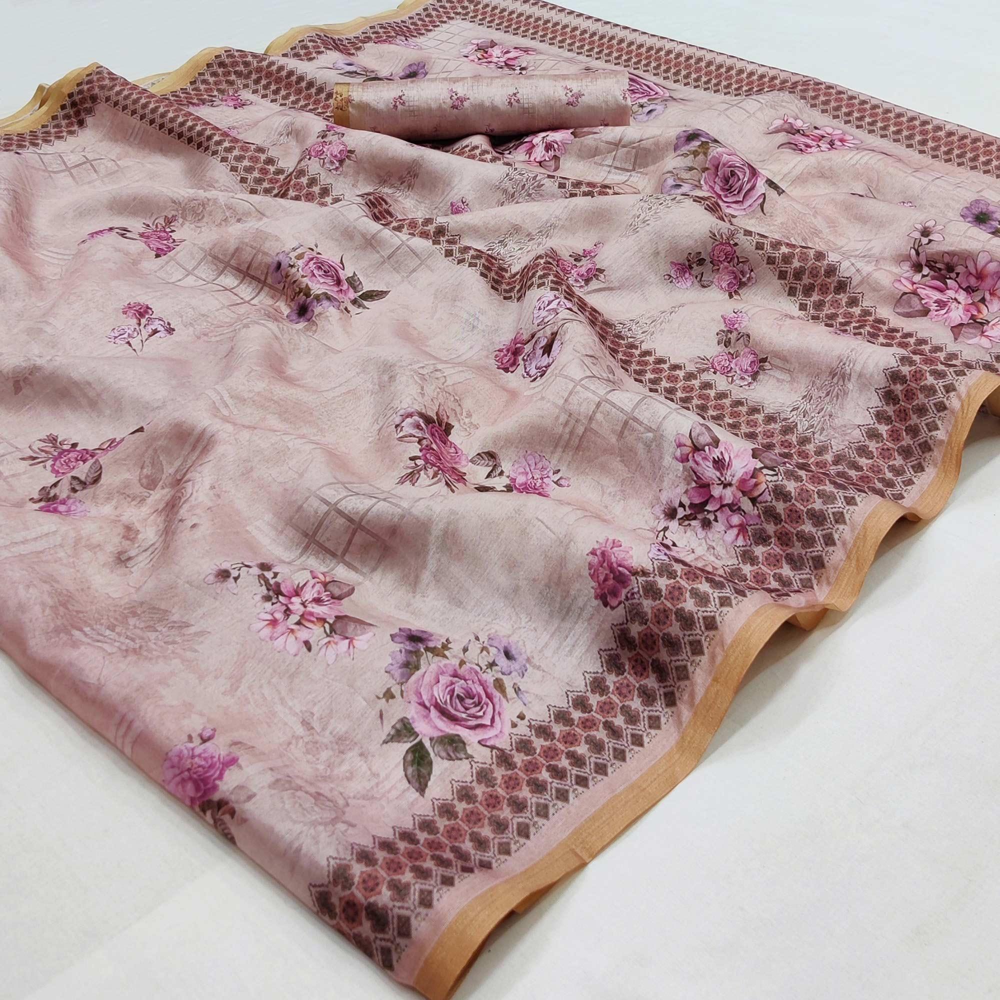 Mauve Floral Printed Pure Cotton Saree - Peachmode