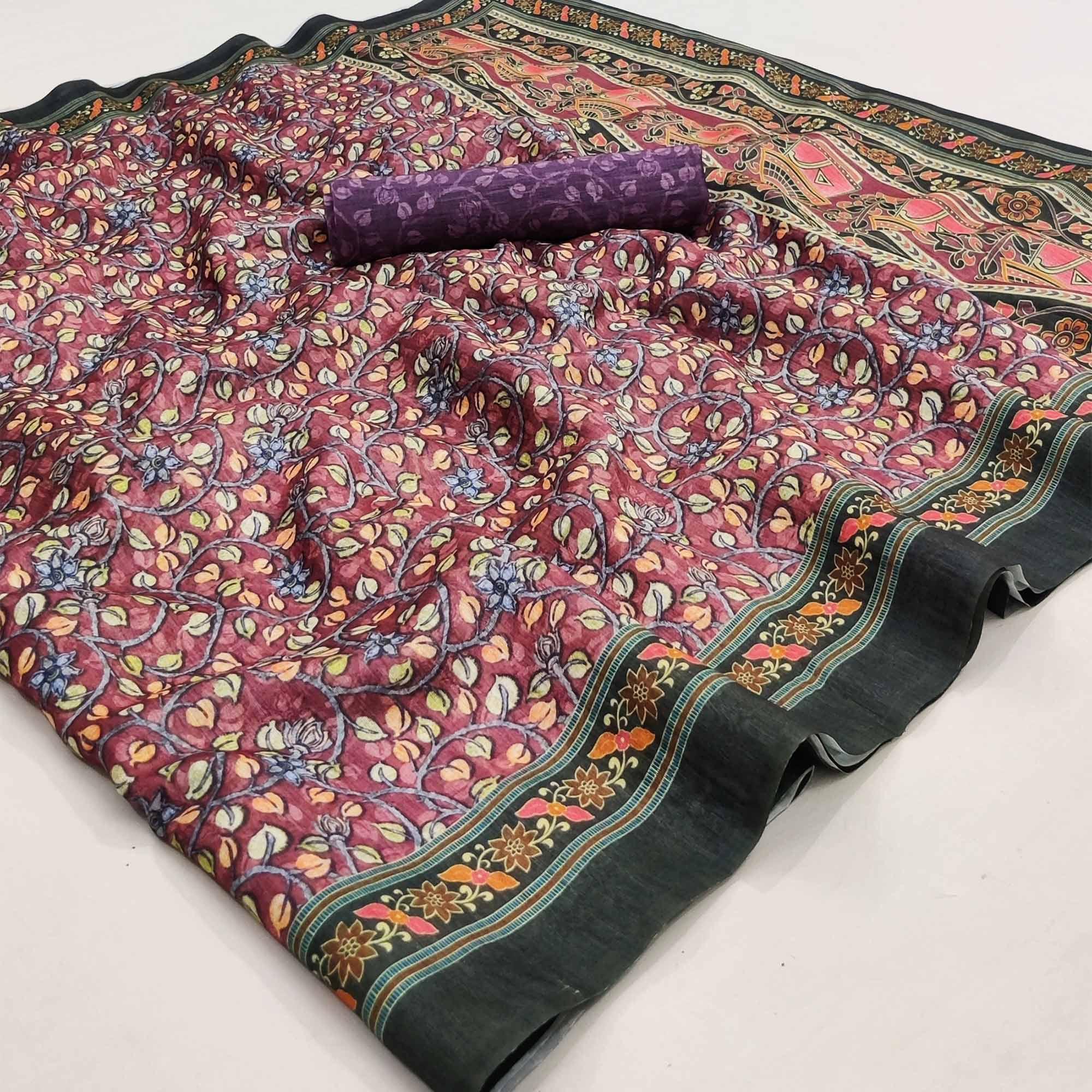 Mauve Floral Printed Pure Cotton Saree - Peachmode