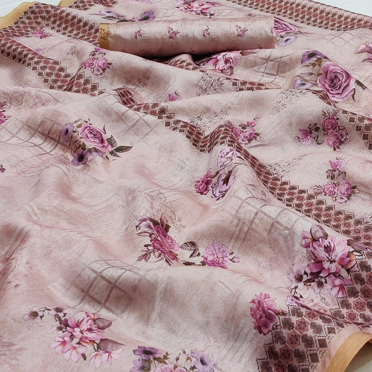 Mauve Floral Printed Pure Cotton Saree - Peachmode