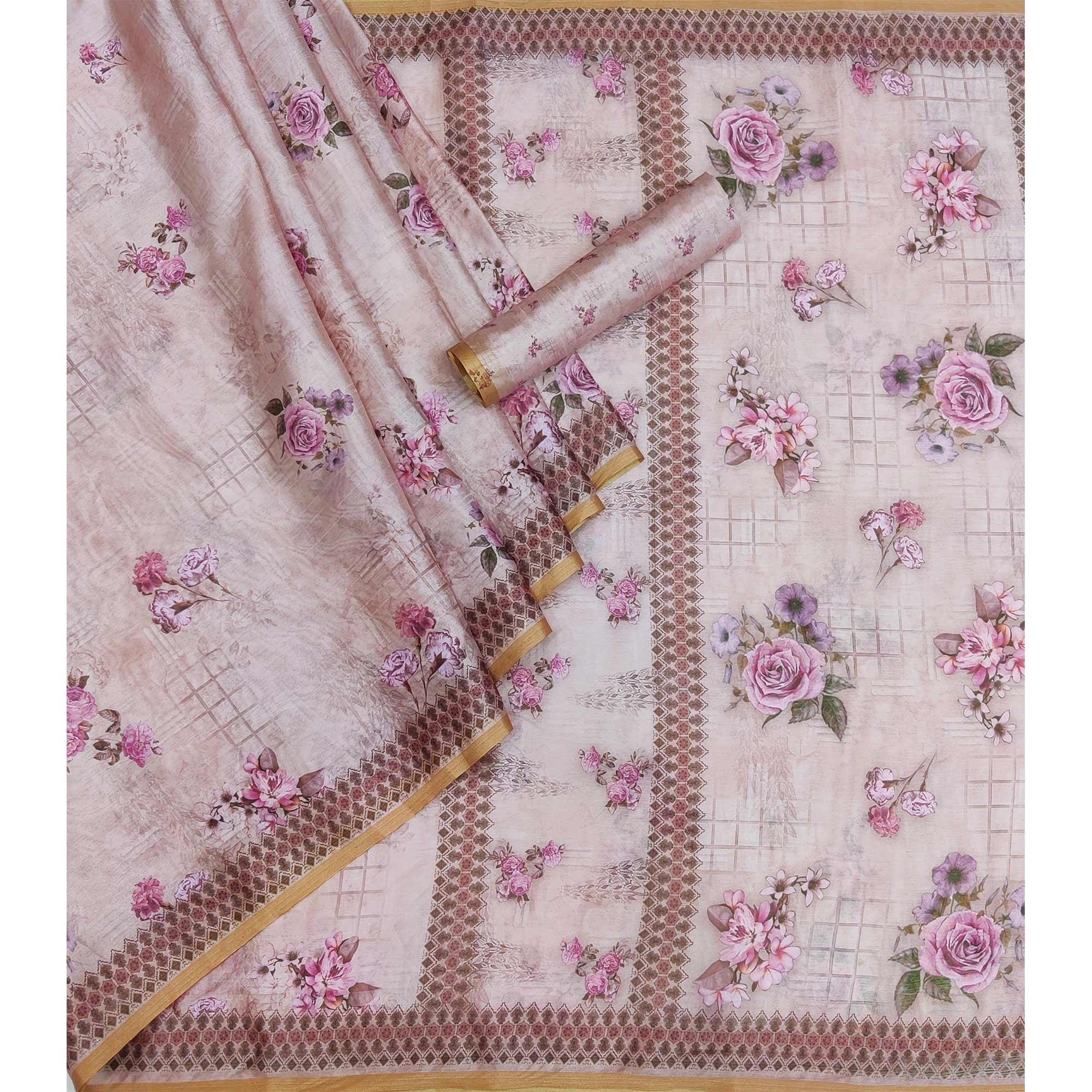 Mauve Floral Printed Pure Cotton Saree - Peachmode