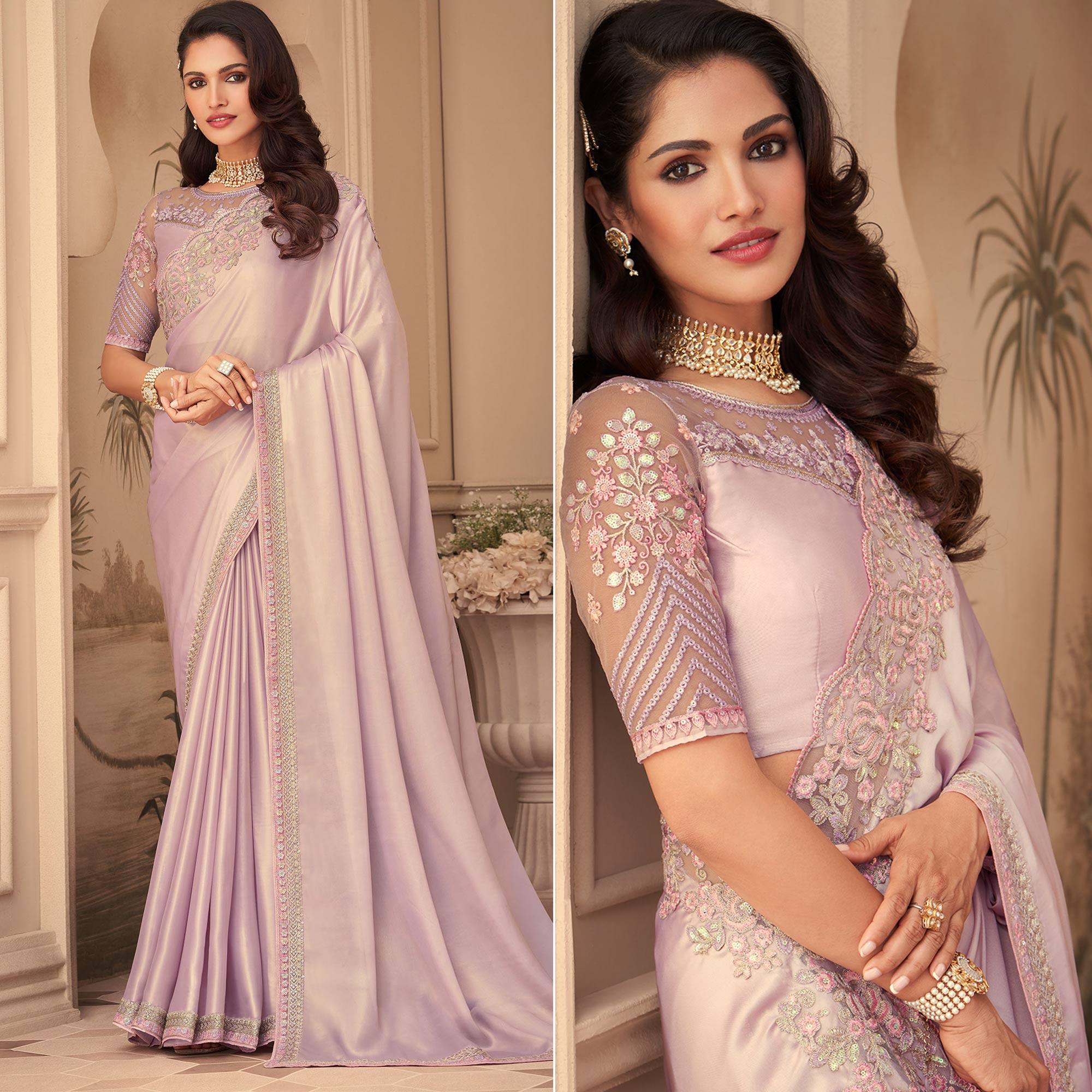 Mauve Floral Sequence Embroidered Art Silk Saree - Peachmode