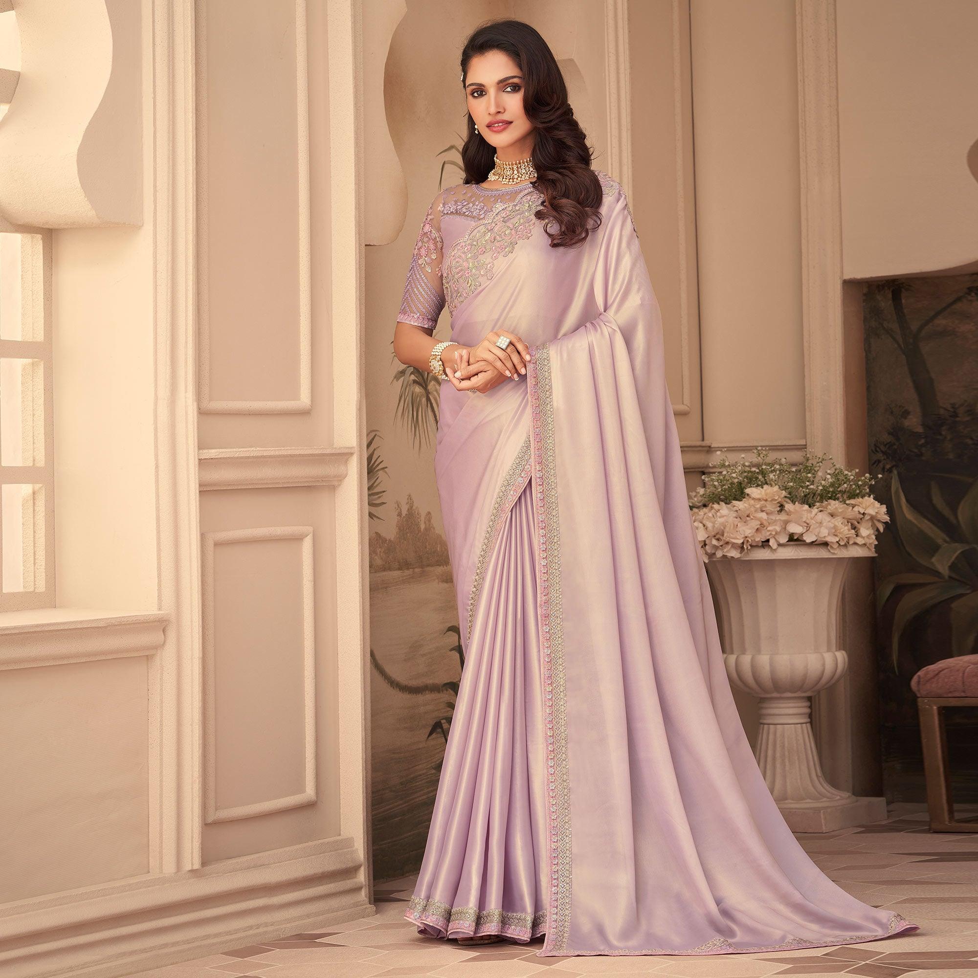 Mauve Floral Sequence Embroidered Art Silk Saree - Peachmode