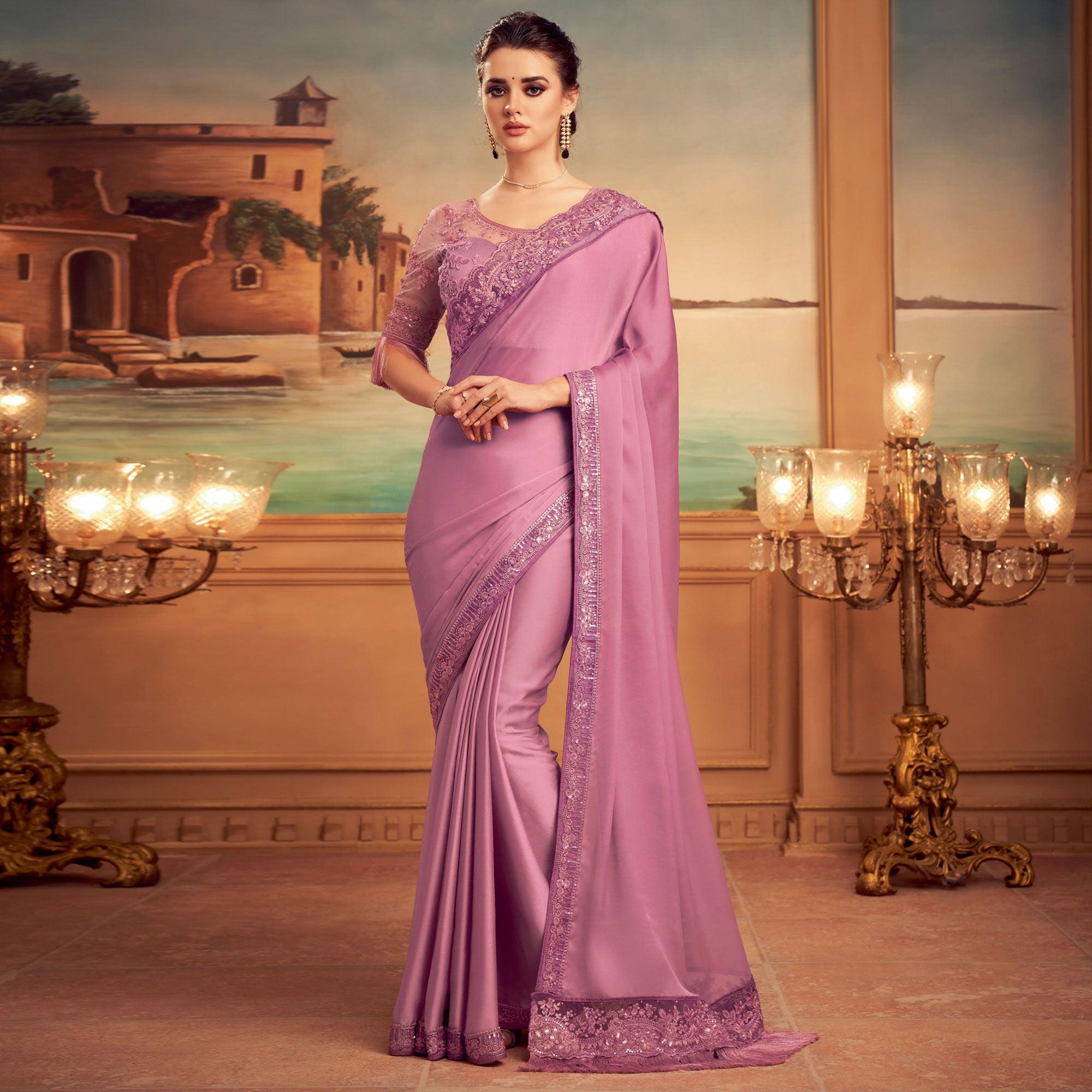Mauve Floral Sequence Embroidered Art Silk Saree - Peachmode