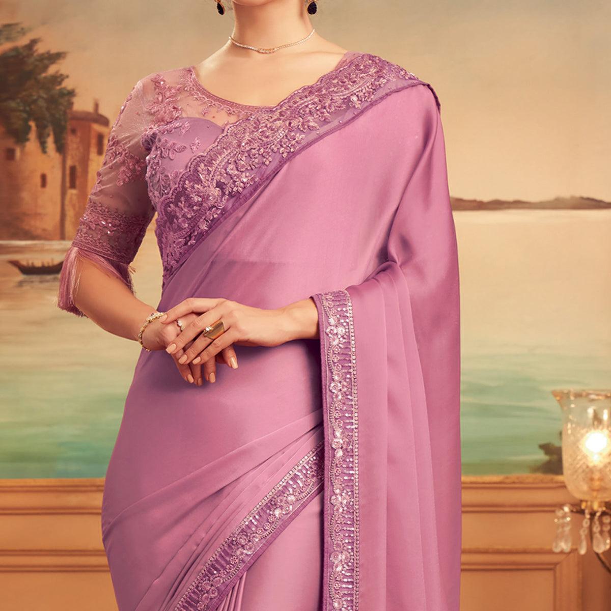 Mauve Floral Sequence Embroidered Art Silk Saree - Peachmode