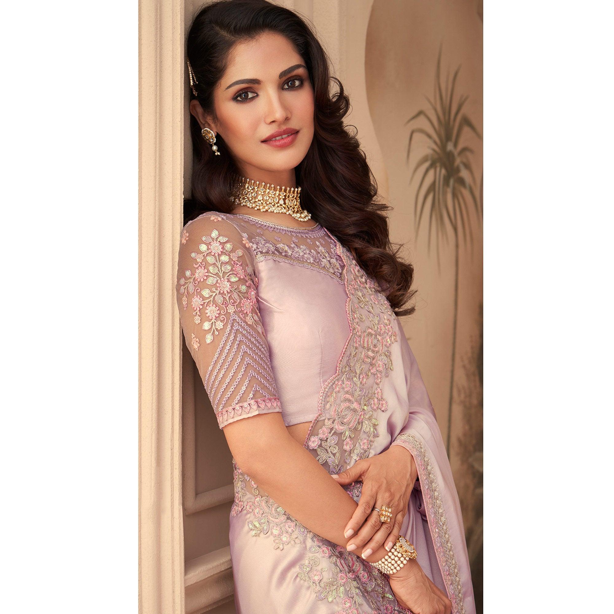 Mauve Floral Sequence Embroidered Art Silk Saree - Peachmode