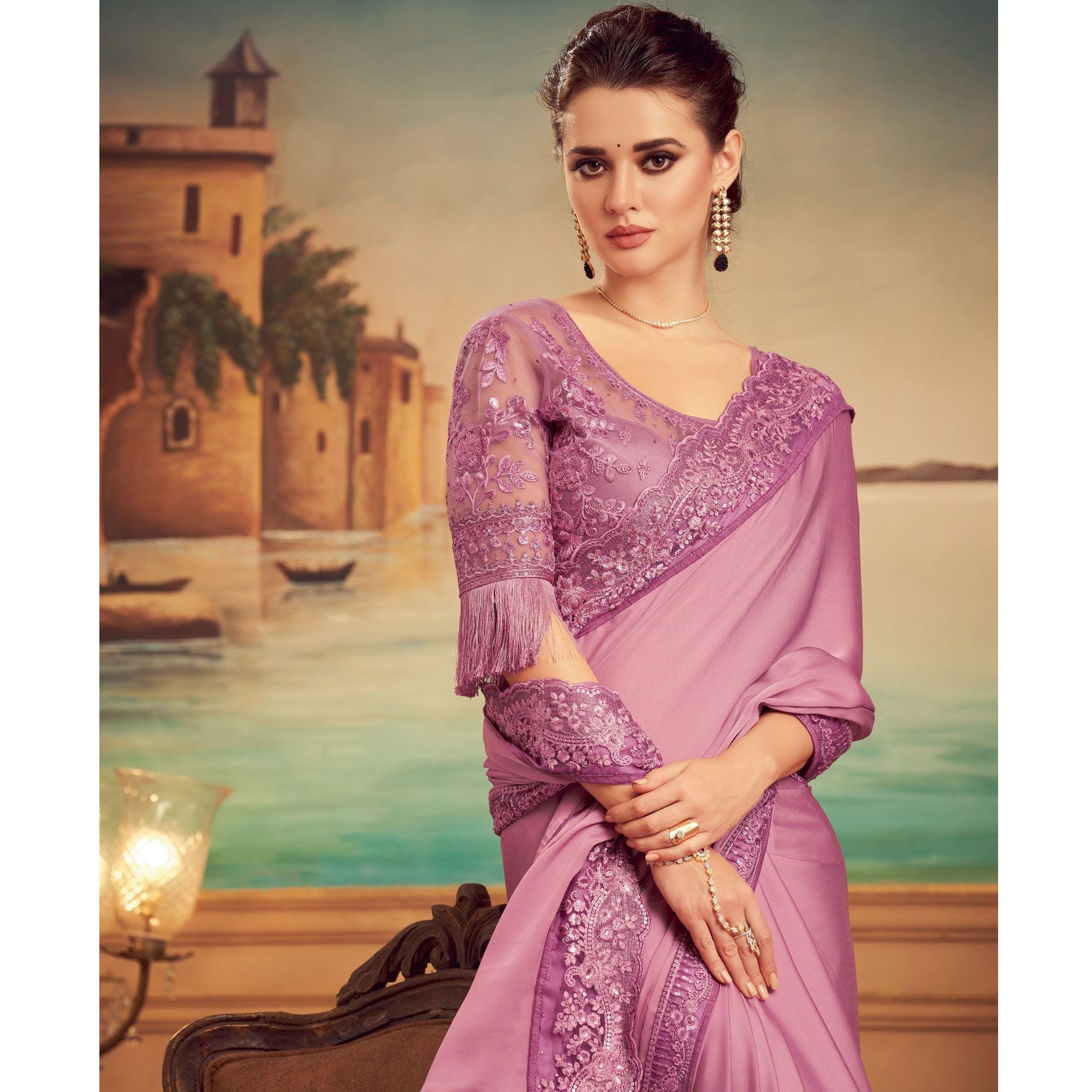 Mauve Floral Sequence Embroidered Art Silk Saree - Peachmode