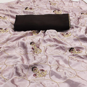 Mauve Floral Zari Embroidered Silk Saree - Peachmode