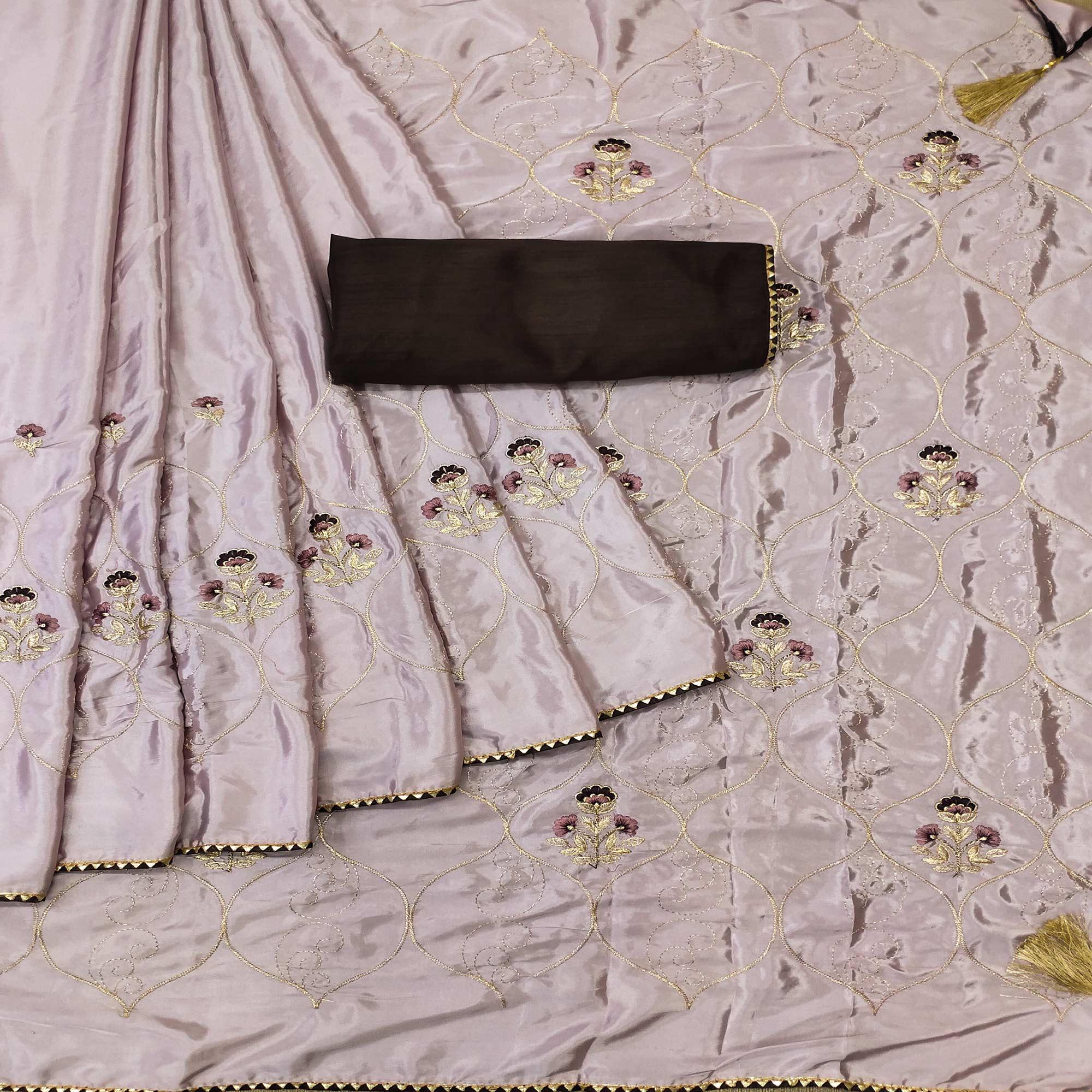Mauve Floral Zari Embroidered Silk Saree - Peachmode