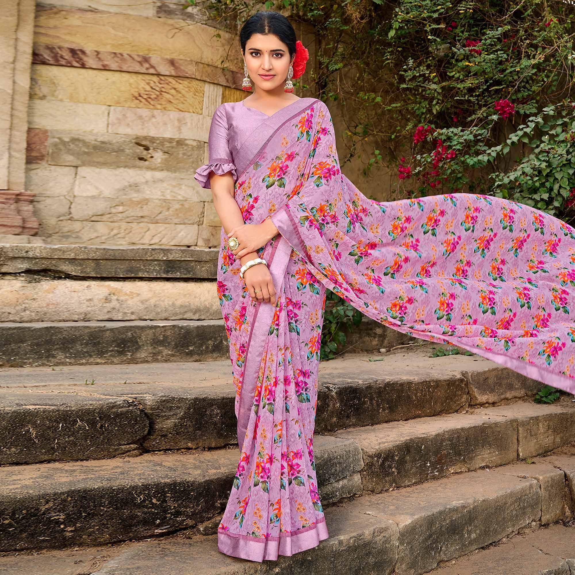 Mauve Foil Printed Georgette Saree - Peachmode