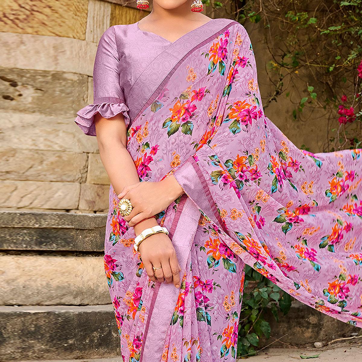 Mauve Foil Printed Georgette Saree - Peachmode