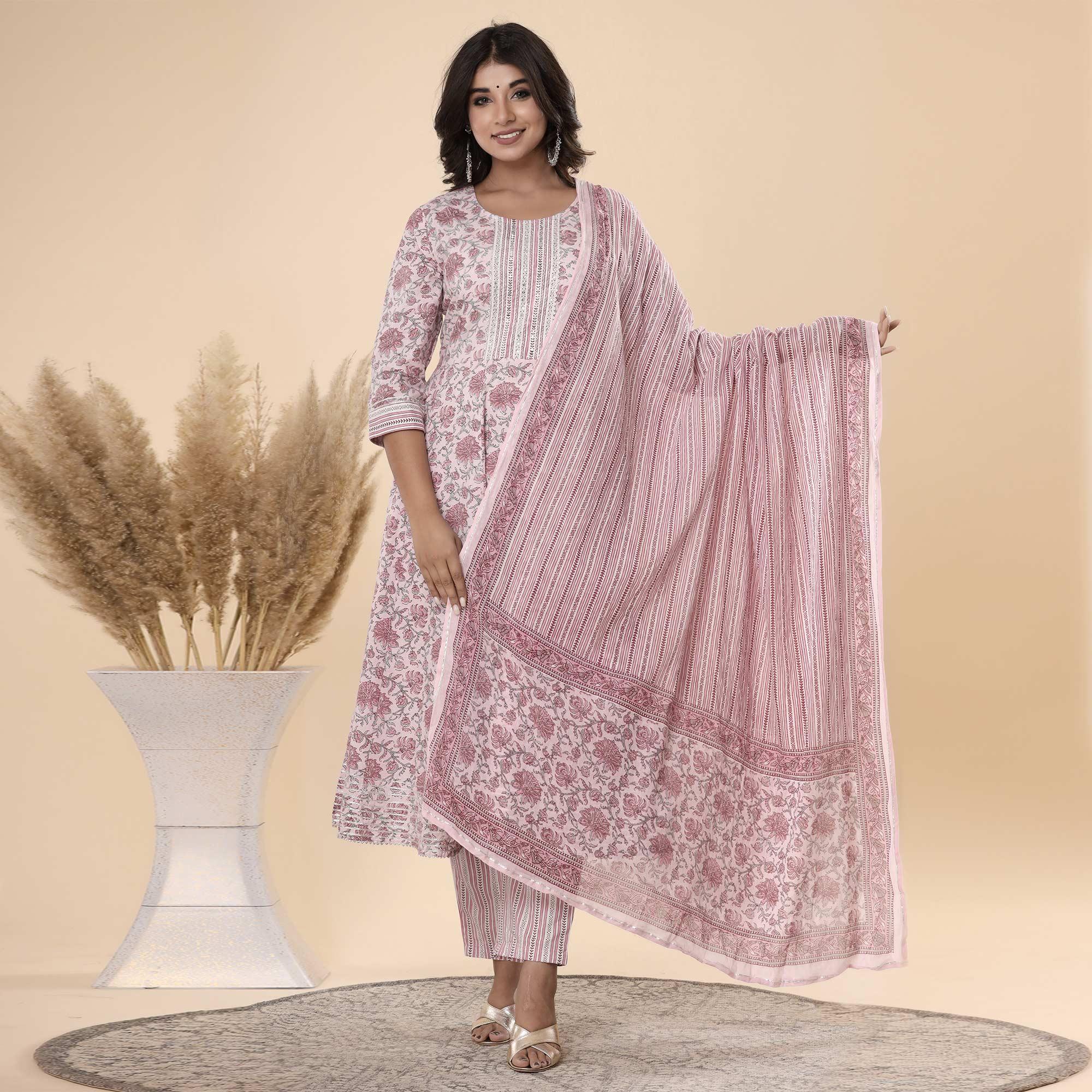 Mauve Jaipuri Printed Cotton Anarkali Kurti Pant Set With Dupatta - Peachmode