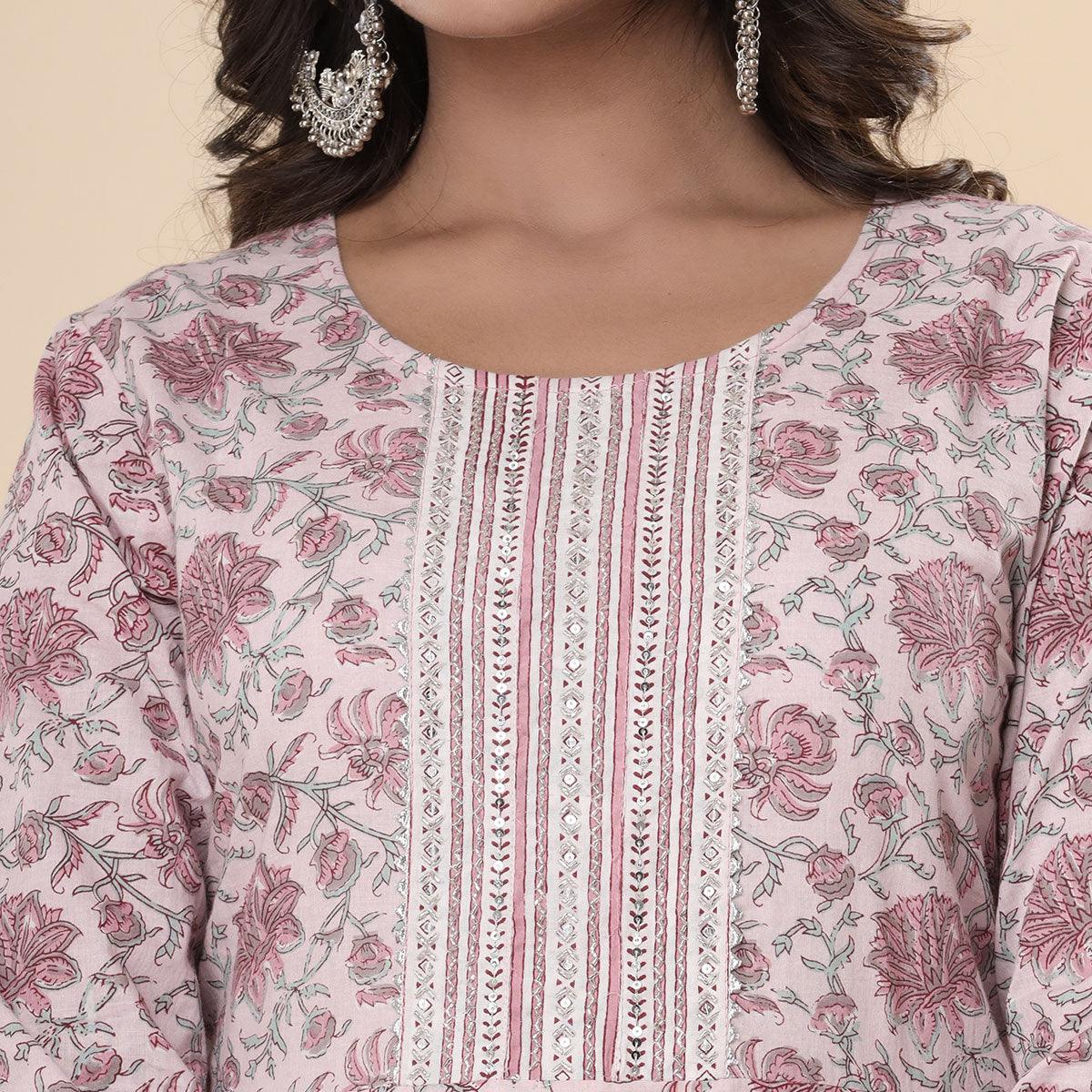 Mauve Jaipuri Printed Cotton Anarkali Kurti Pant Set With Dupatta - Peachmode
