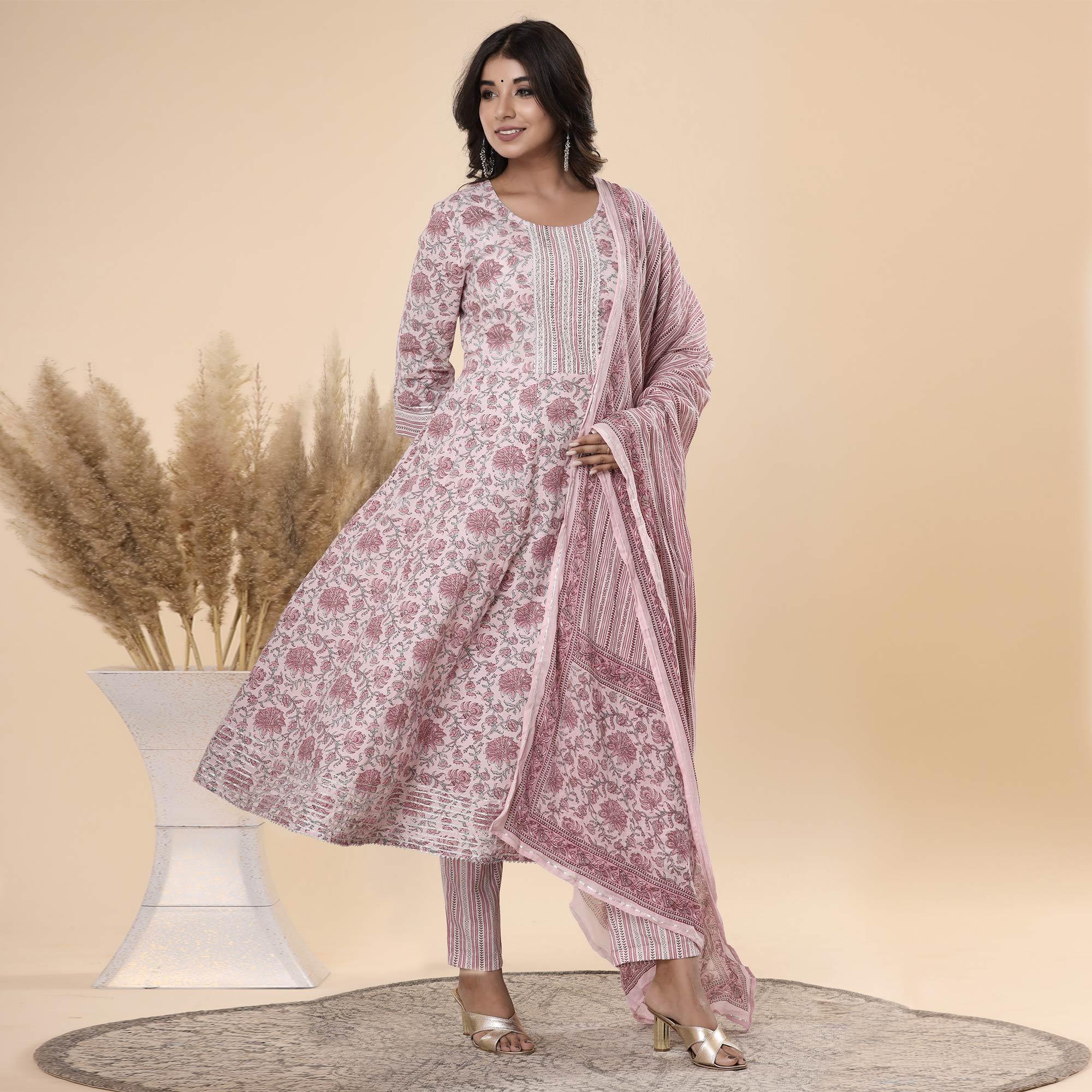 Mauve Jaipuri Printed Cotton Anarkali Kurti Pant Set With Dupatta - Peachmode