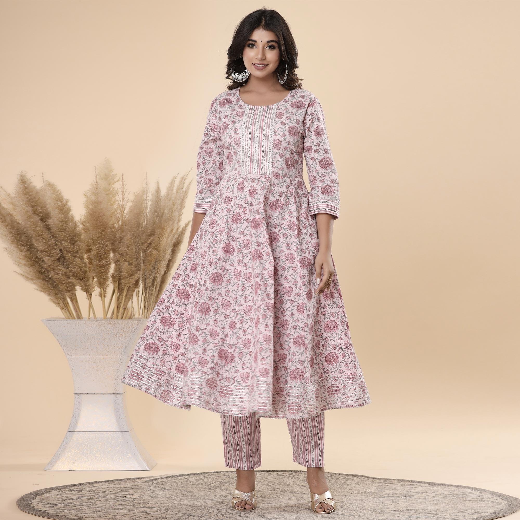 Mauve Jaipuri Printed Cotton Anarkali Kurti Pant Set With Dupatta - Peachmode