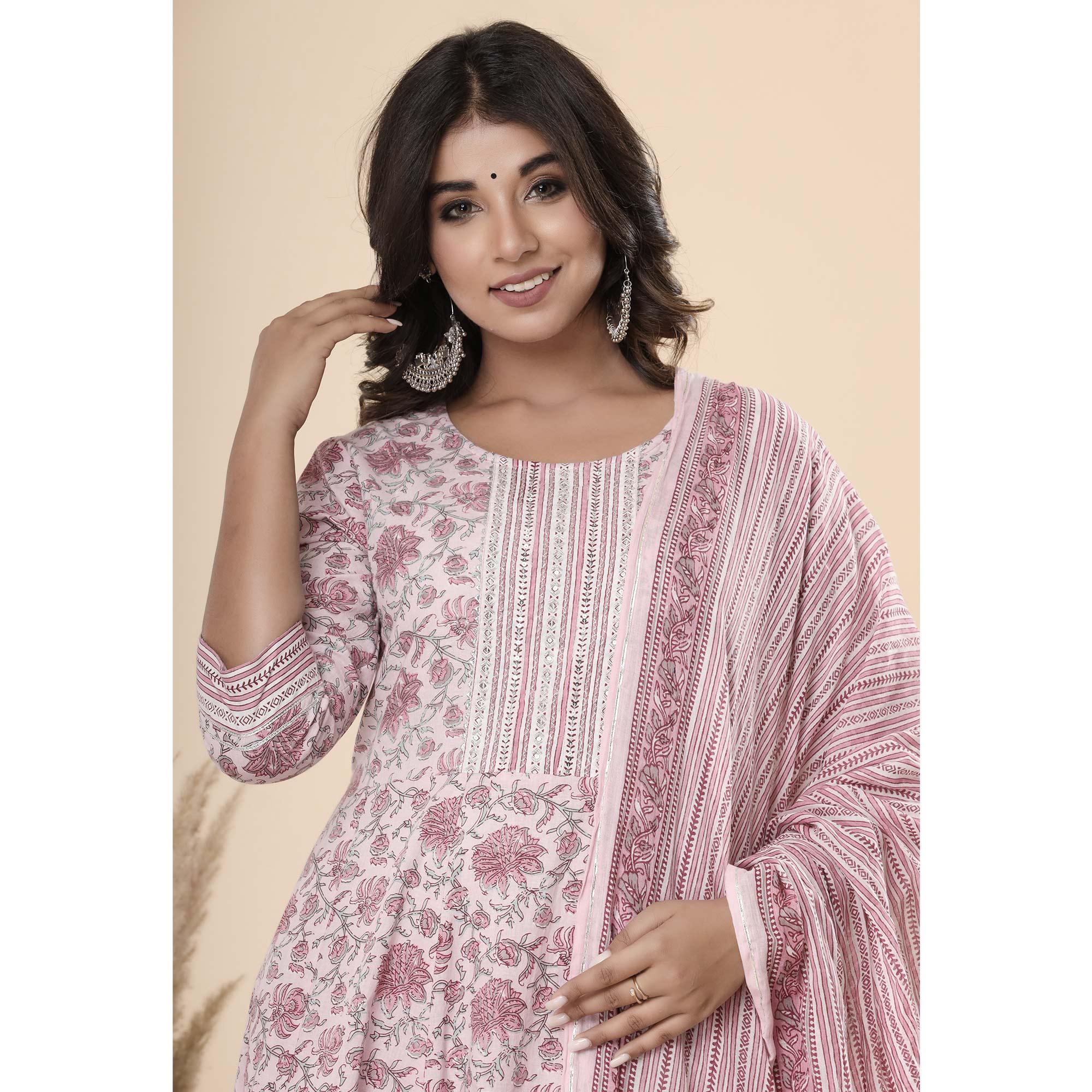 Mauve Jaipuri Printed Cotton Anarkali Kurti Pant Set With Dupatta - Peachmode