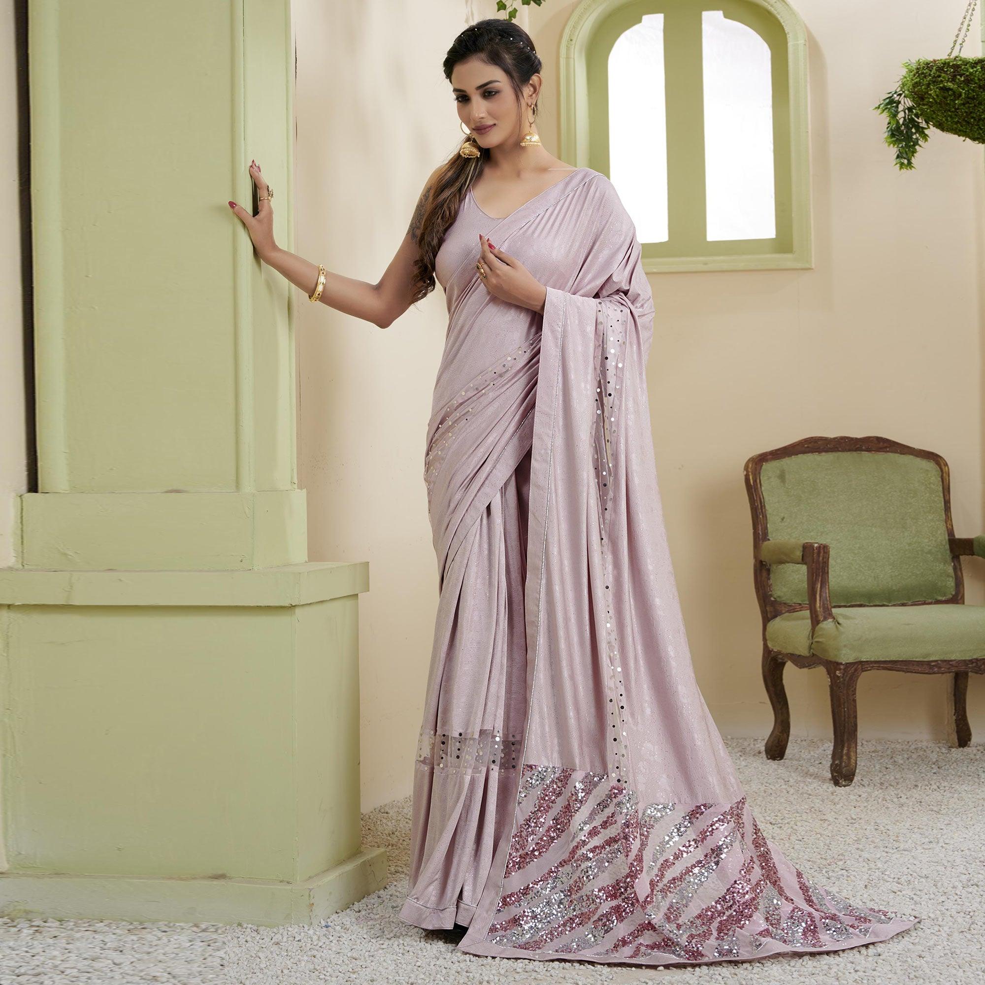 Mauve Party Wear Embellished Lycra Saree - Peachmode