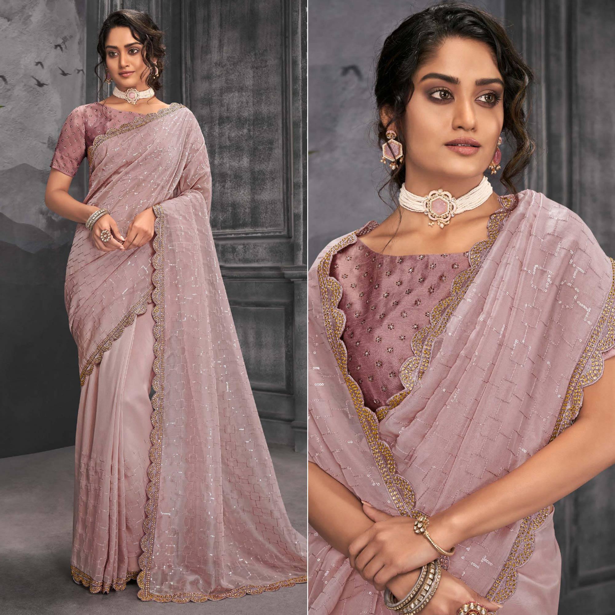 Mauve Party Wear Embellished Organza Saree - Peachmode