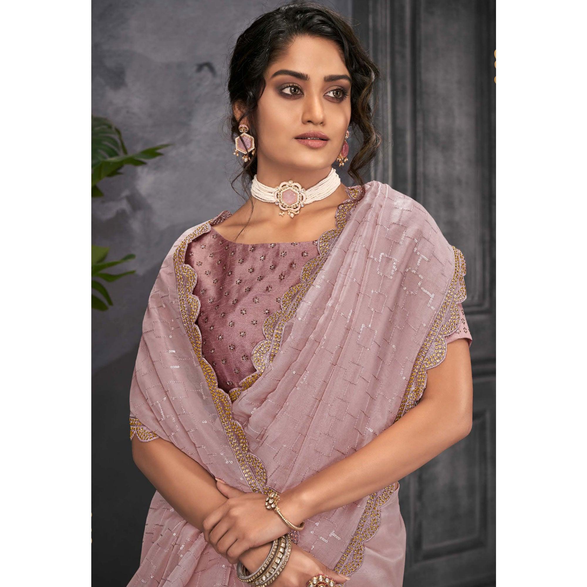 Mauve Party Wear Embellished Organza Saree - Peachmode