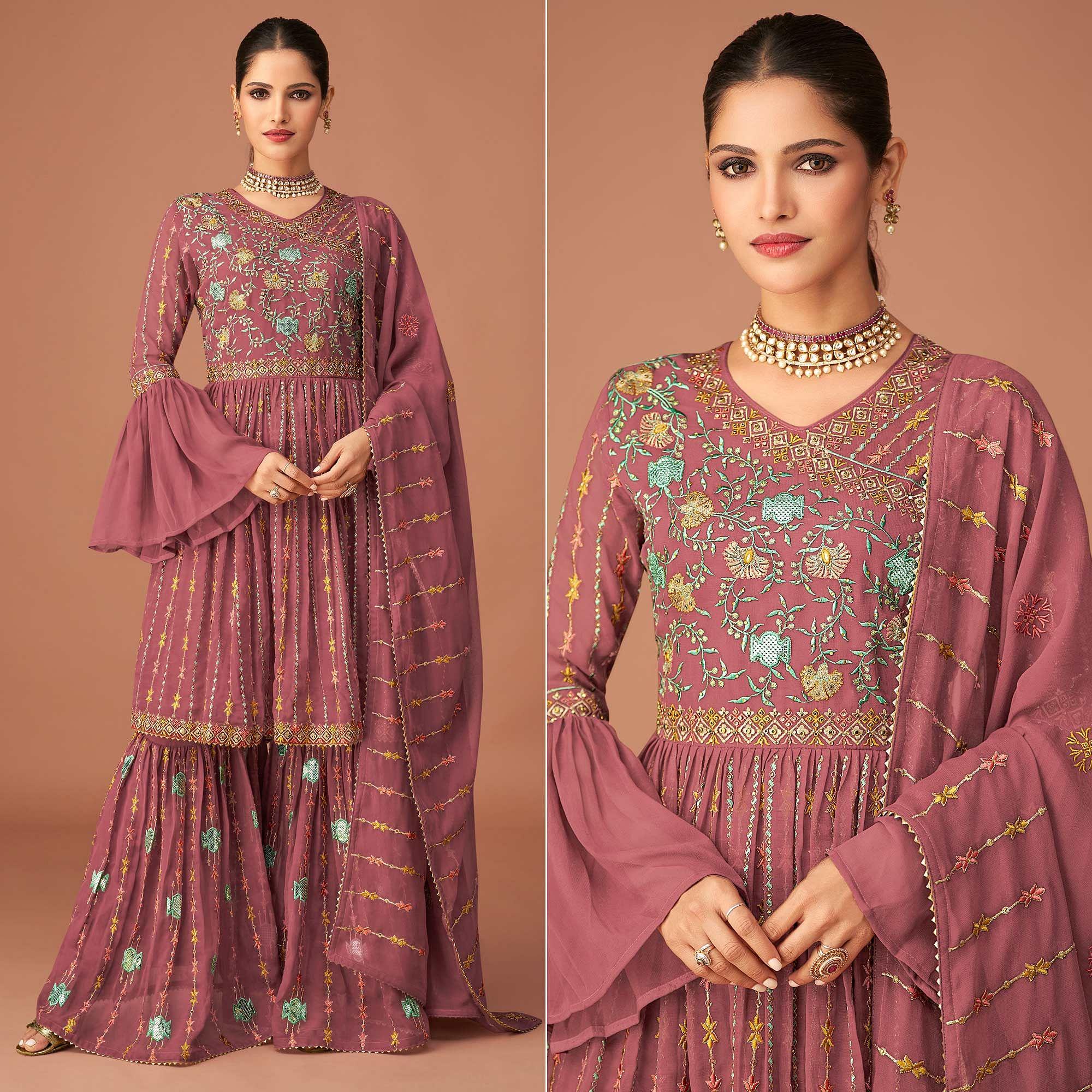 Mauve Party Wear Embroidered Georgette Sharara Suit - Peachmode
