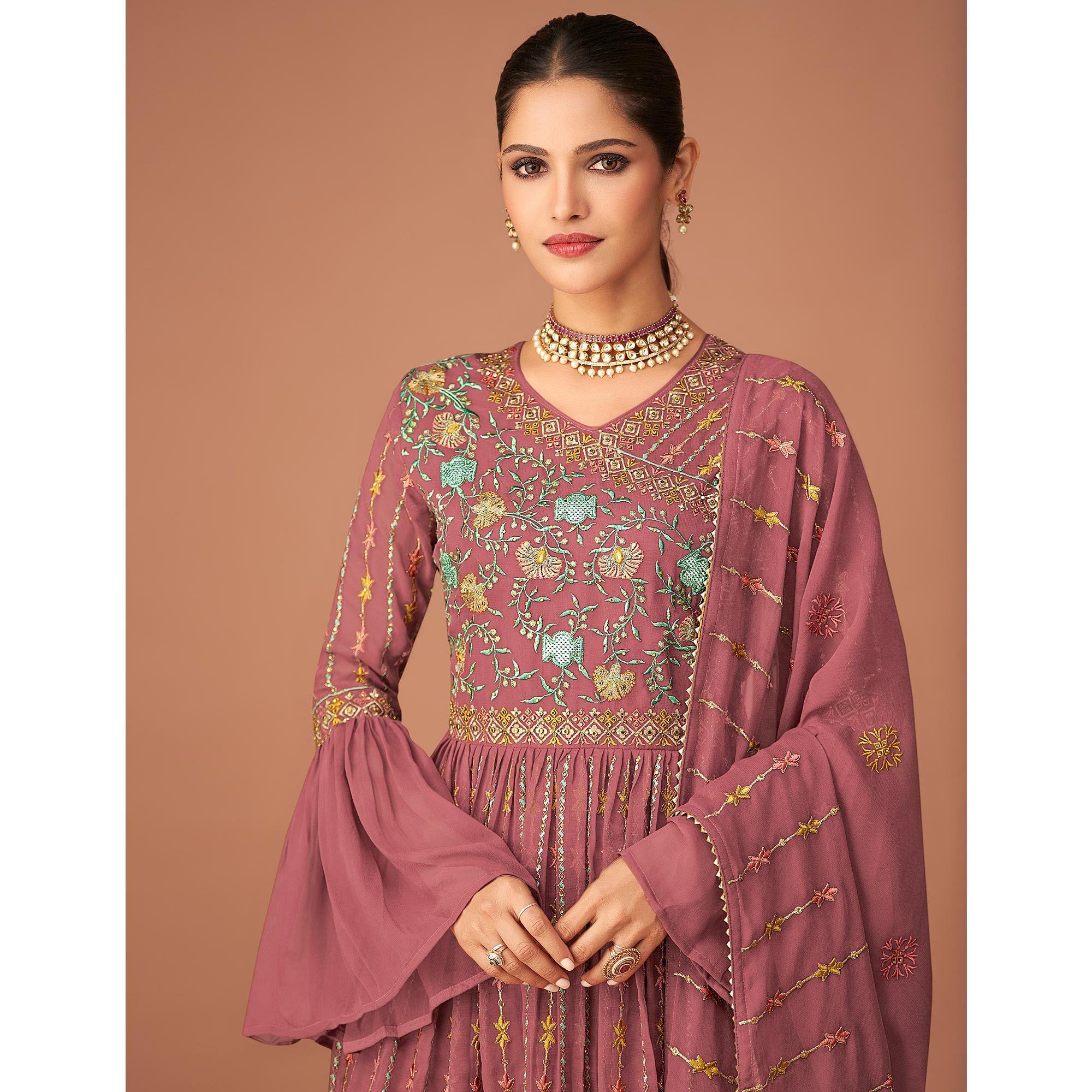 Mauve Party Wear Embroidered Georgette Sharara Suit - Peachmode