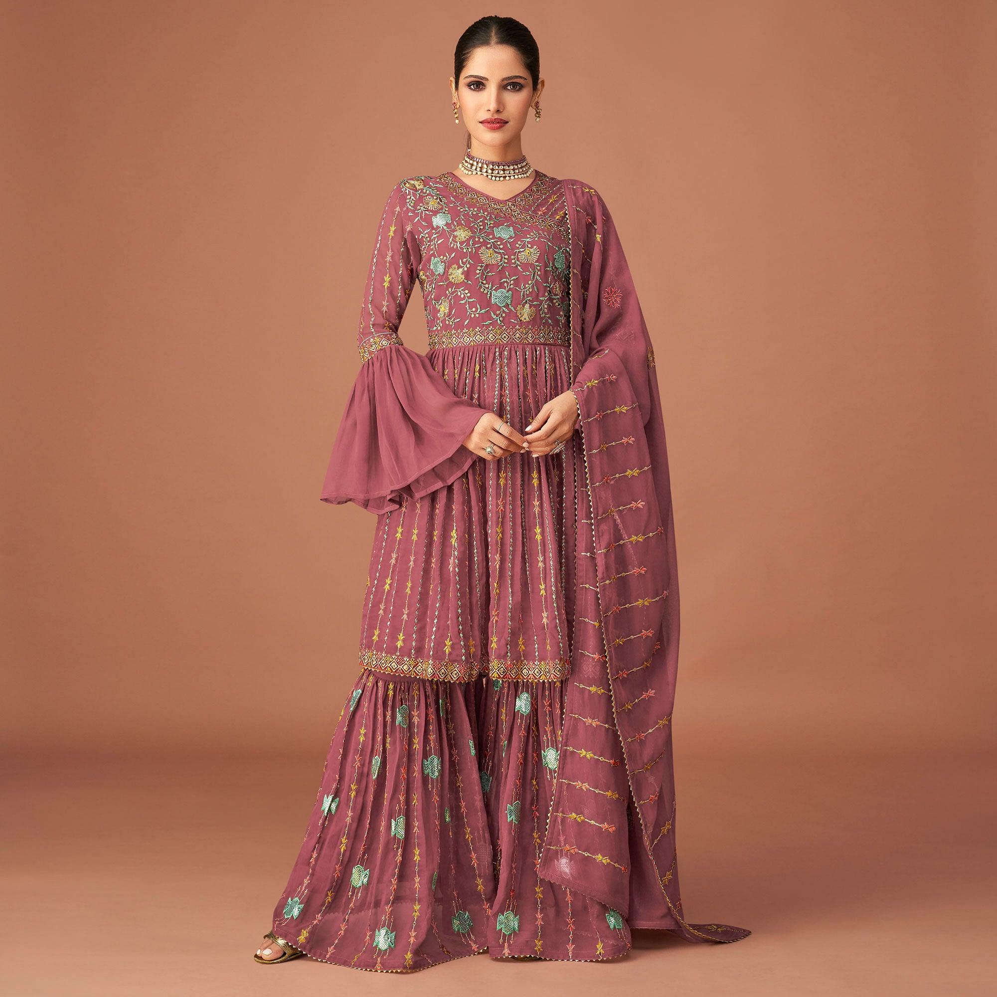 Mauve Party Wear Embroidered Georgette Sharara Suit - Peachmode